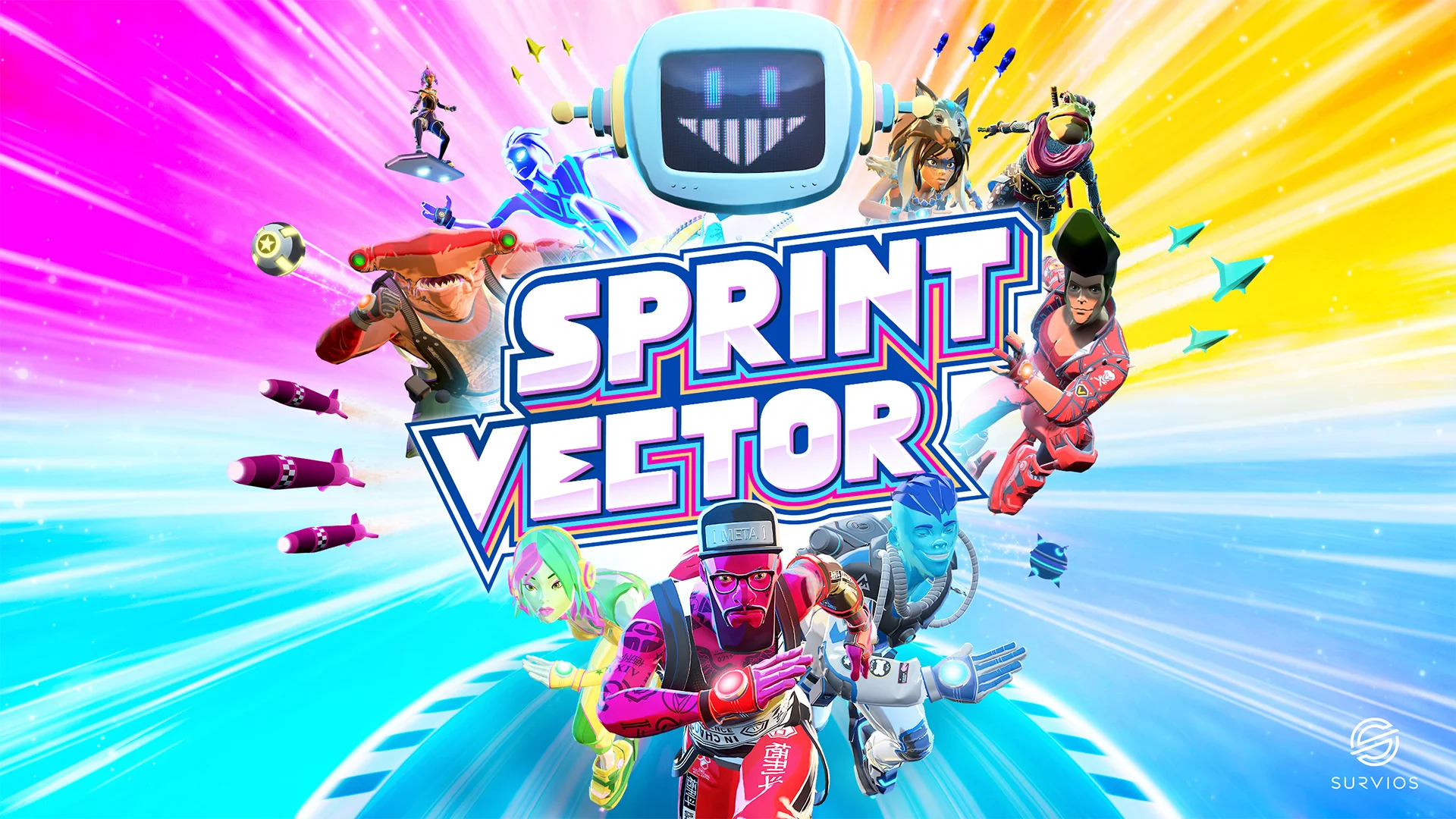 Sprint Vector cover art featuring all of the characters I designed for the game.