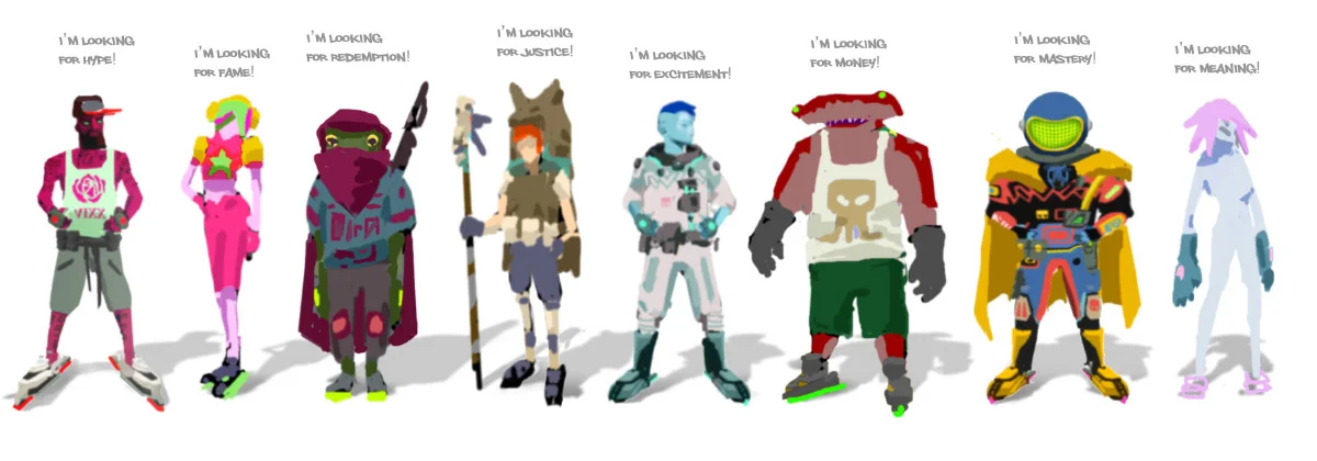 A set of characters I sketched out that would serve as the basis for the entire lineup of playable characters in the game. One exercise I found useful was to think about what each character’s motivations could be in participating in this deadly race. This helped give our writers a jumping off point while creating each of their backstories and voice lines.