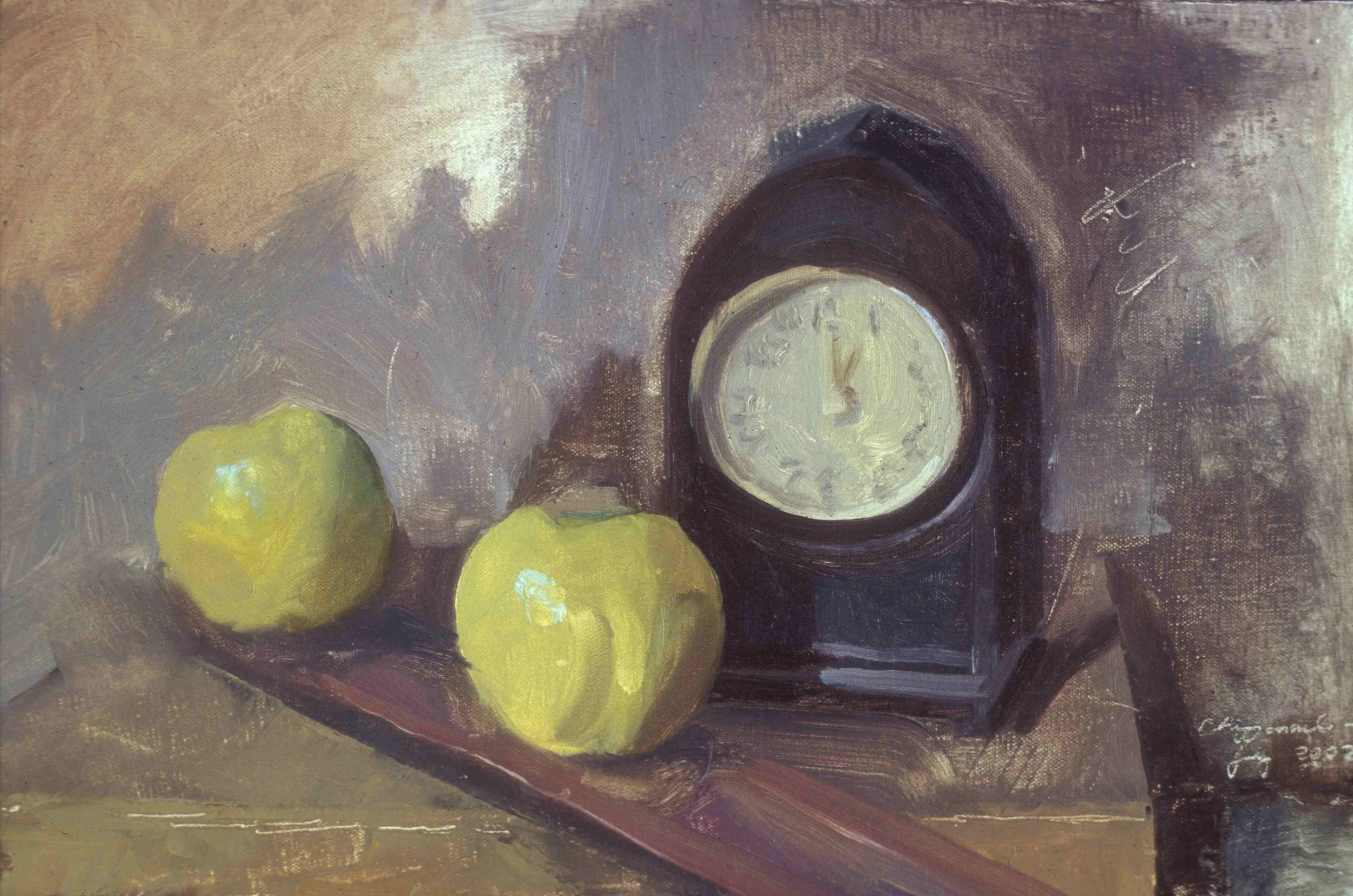 2002 Clock and Apples 12 x 19, on canvas.jpg