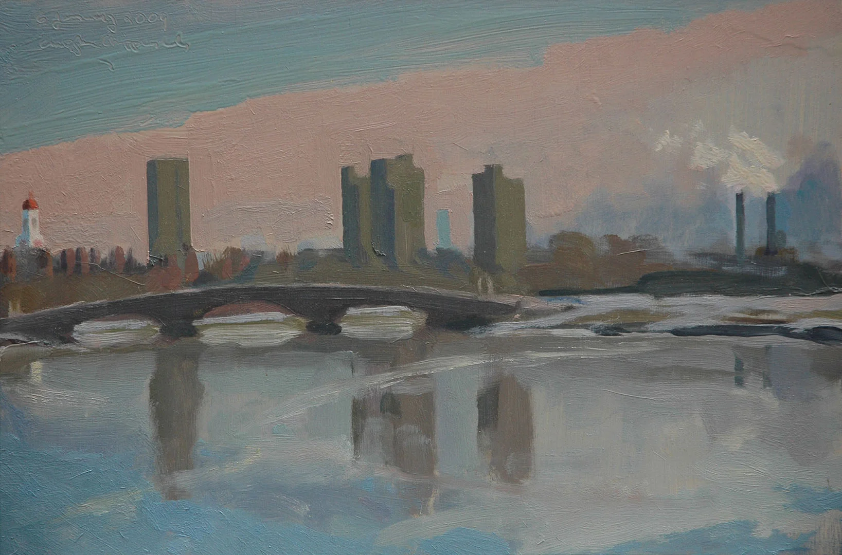 The Charles in a January Thaw, oil on panel, 12 x 18