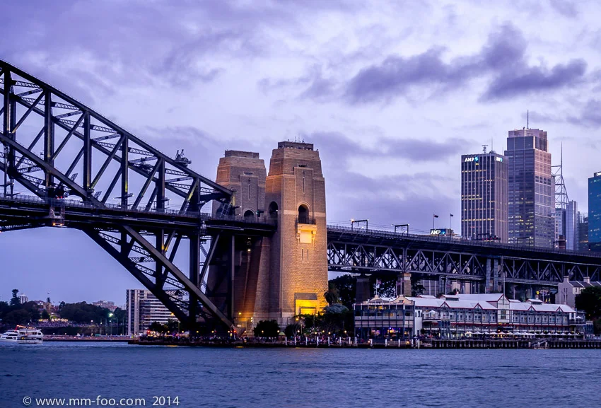 Sydney Harbour Bridge at twilight. 1/3 sec, 42mm, f/5.6, ISO100. The iconic nature of the Harbour Bridge's pylons cannot be understated.