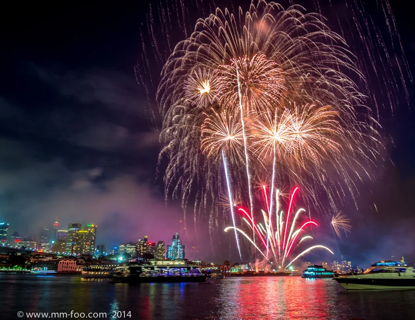 9:00 p.m. fireworks. 4.0 sec, 14mm, f/8.0, ISO250. White balancing to the extremes to blue allowed me to pull out these vivid colours. I had a lot of fun playing around with white balance in all the pictures.