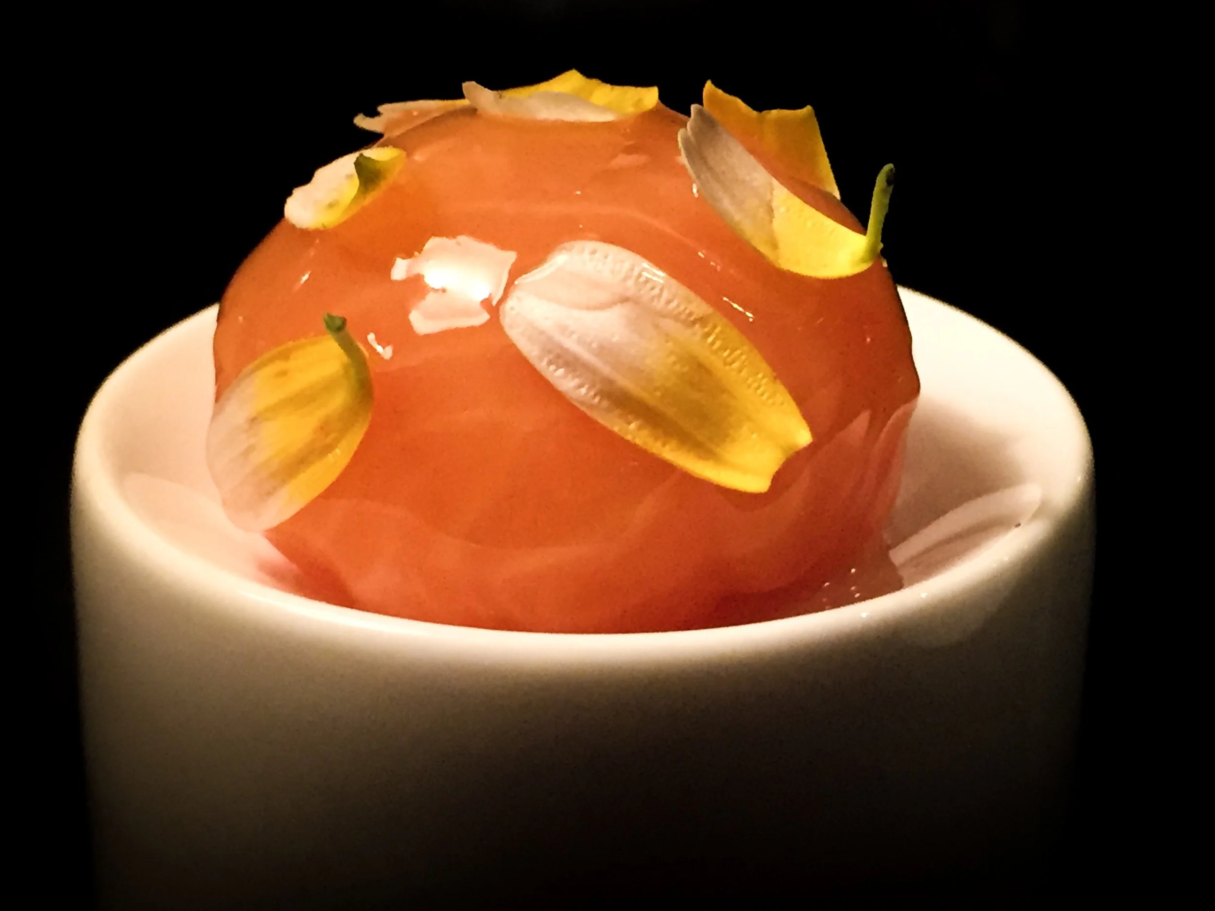 Close up of the salmon morsel with chrysanthemum petals~ Pretty!