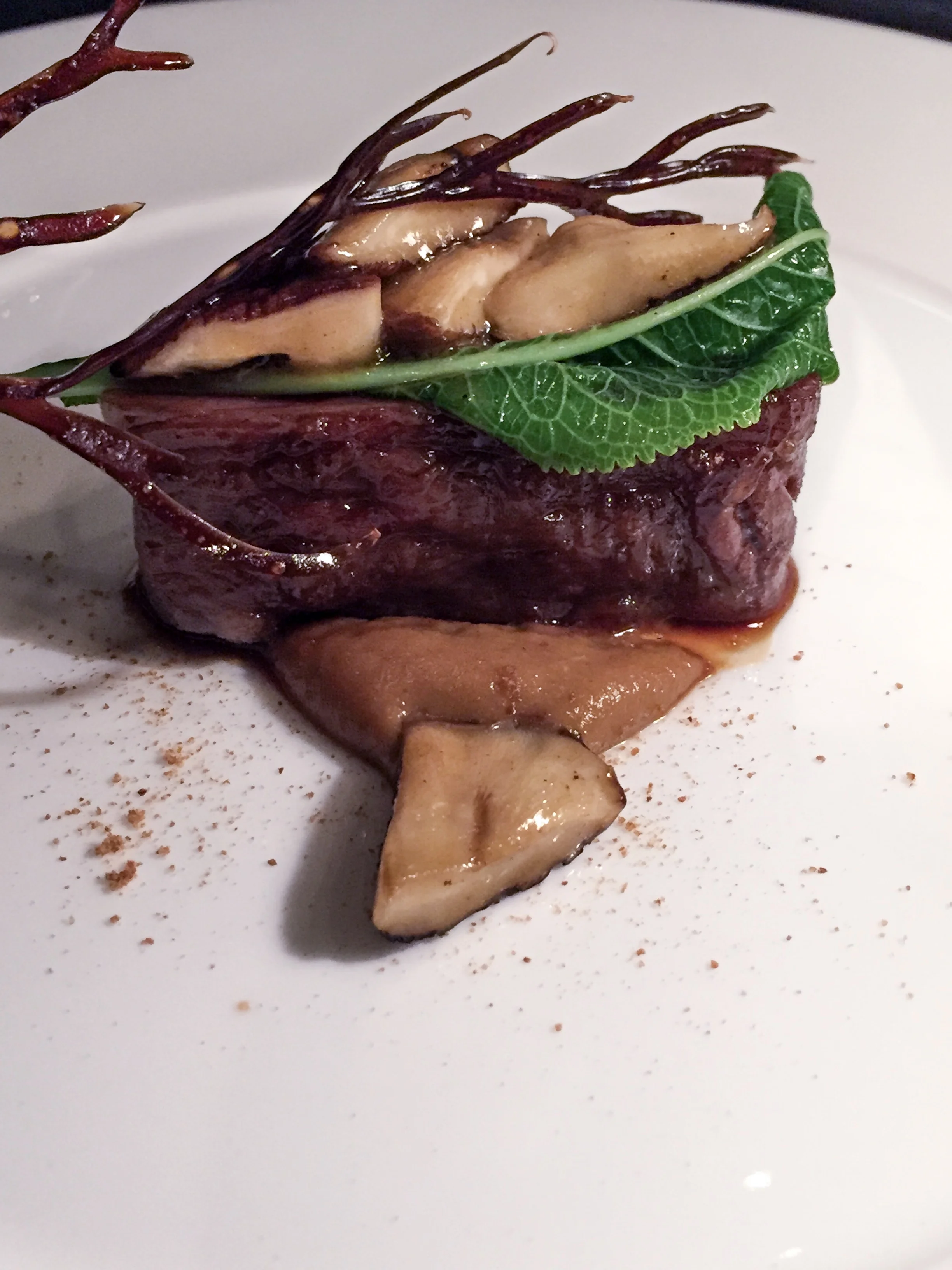 David Blackmore wagyu, shiitake mushroom, roasted onion and mustard, horseradish leaf, shiso