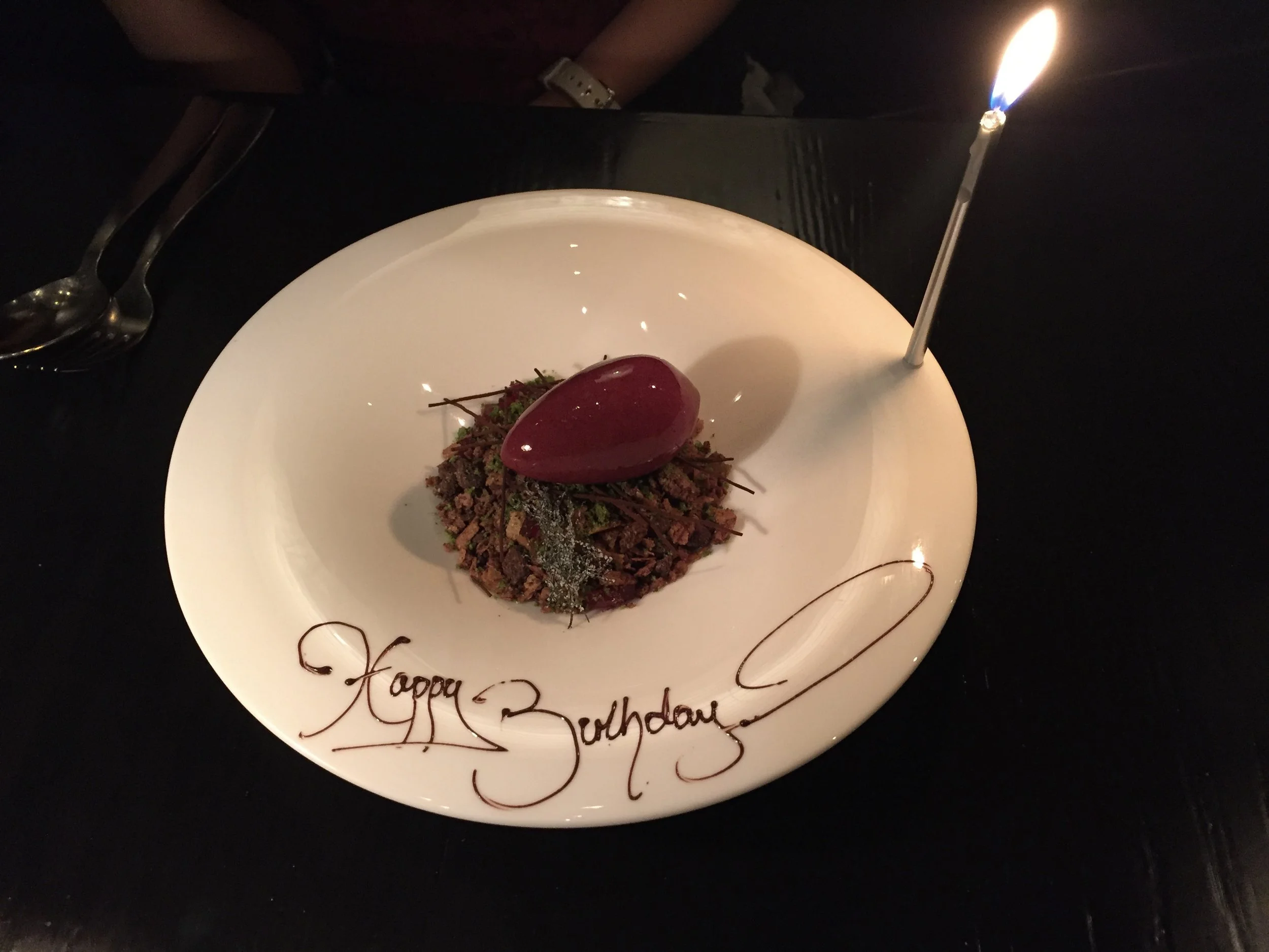 Summer Chocolate Forest: soft chocolate, hazelnut and almond, white rose cream, blackberry sorbet, strawberry and salted shiso jellies, green tea, licorice, chocolate twigs, bronze fennel, elderflowers.