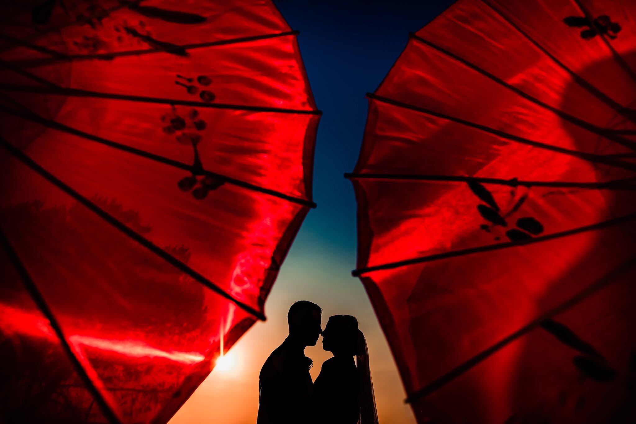 Umbrella Photo with bride and groom sunset at Villa Arrigo Malta