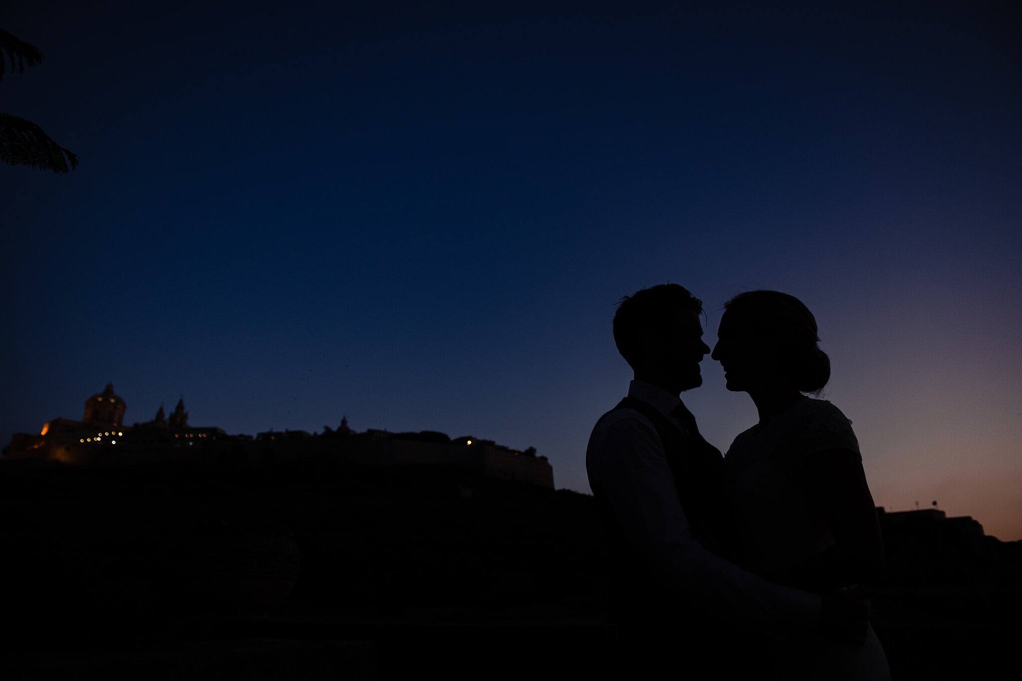 Bride &amp; Groom Silhouette of Mdina from the Olive Gardens Mdina - Wedding Photography Malta - Shane P. Watts Photography