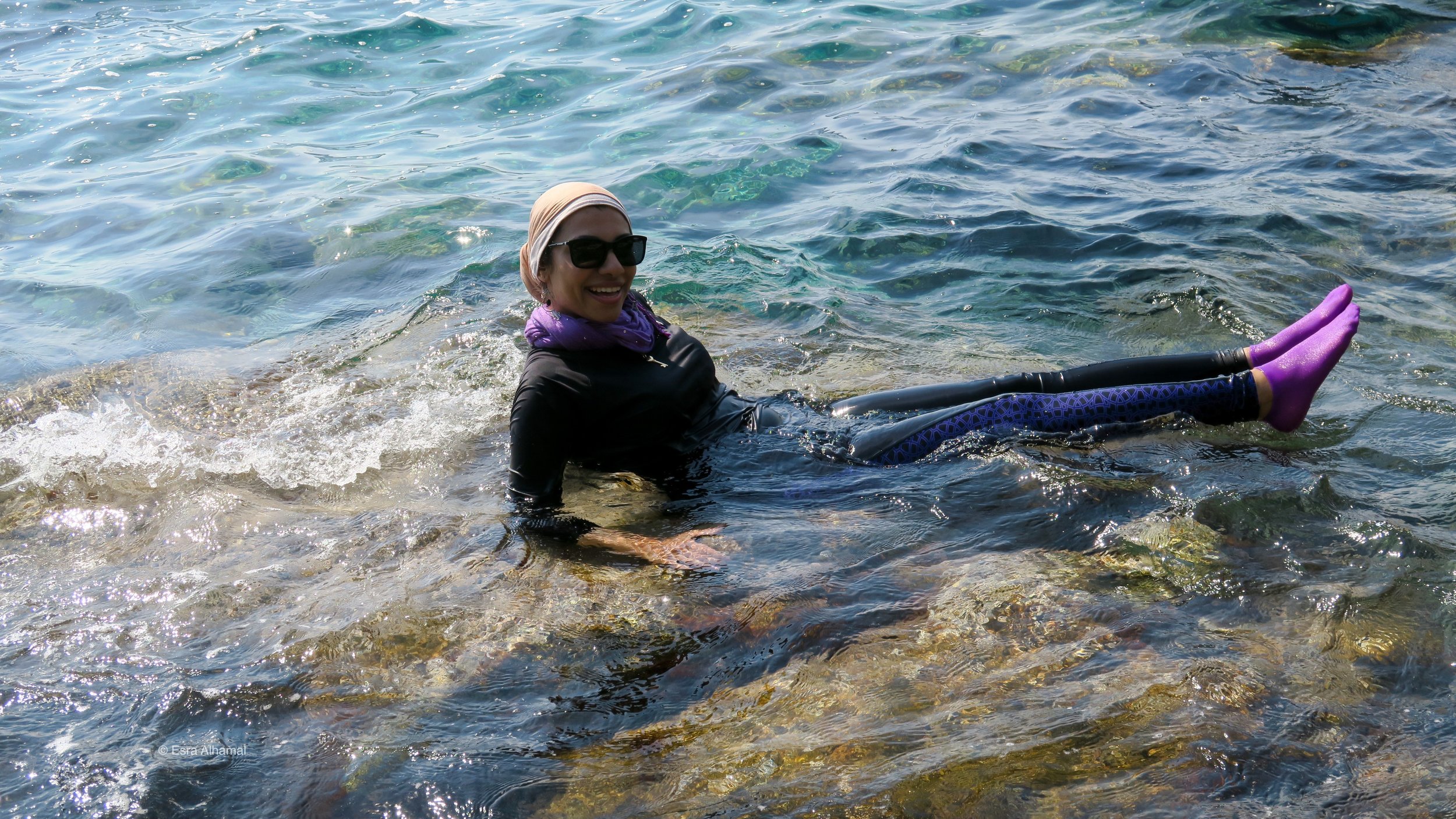   Improvised Modest Swimsuit: Water proof leggings and long sleeves   top + scarves + Waterproof socks  