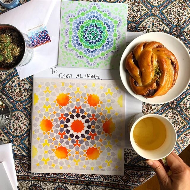Tea, pastry and beautiful art from @samira.mian to start my day ☀️🙏🏻