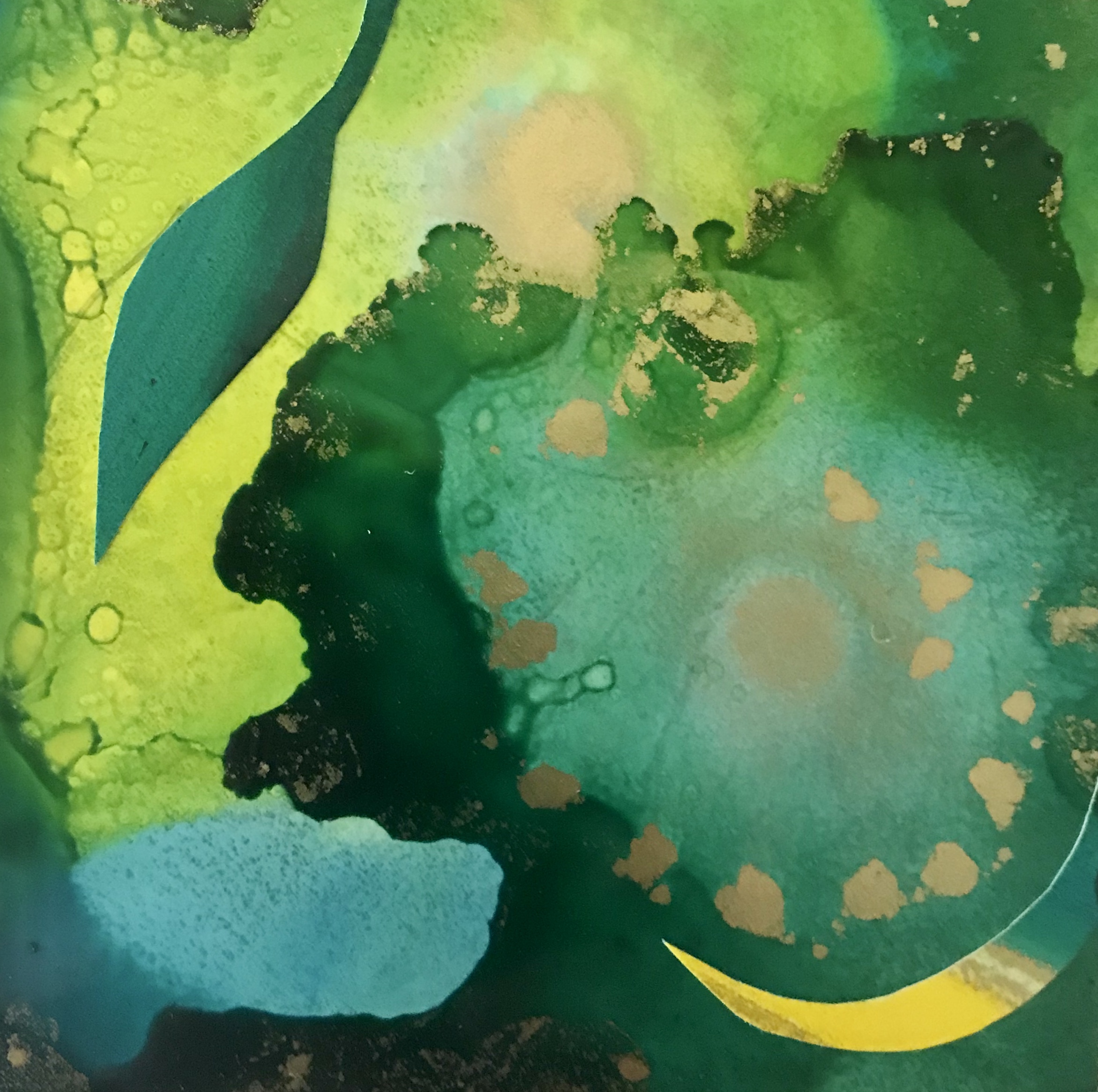The Wellspring of Gratitude · painted paper collage on wood panel with resin ©2018