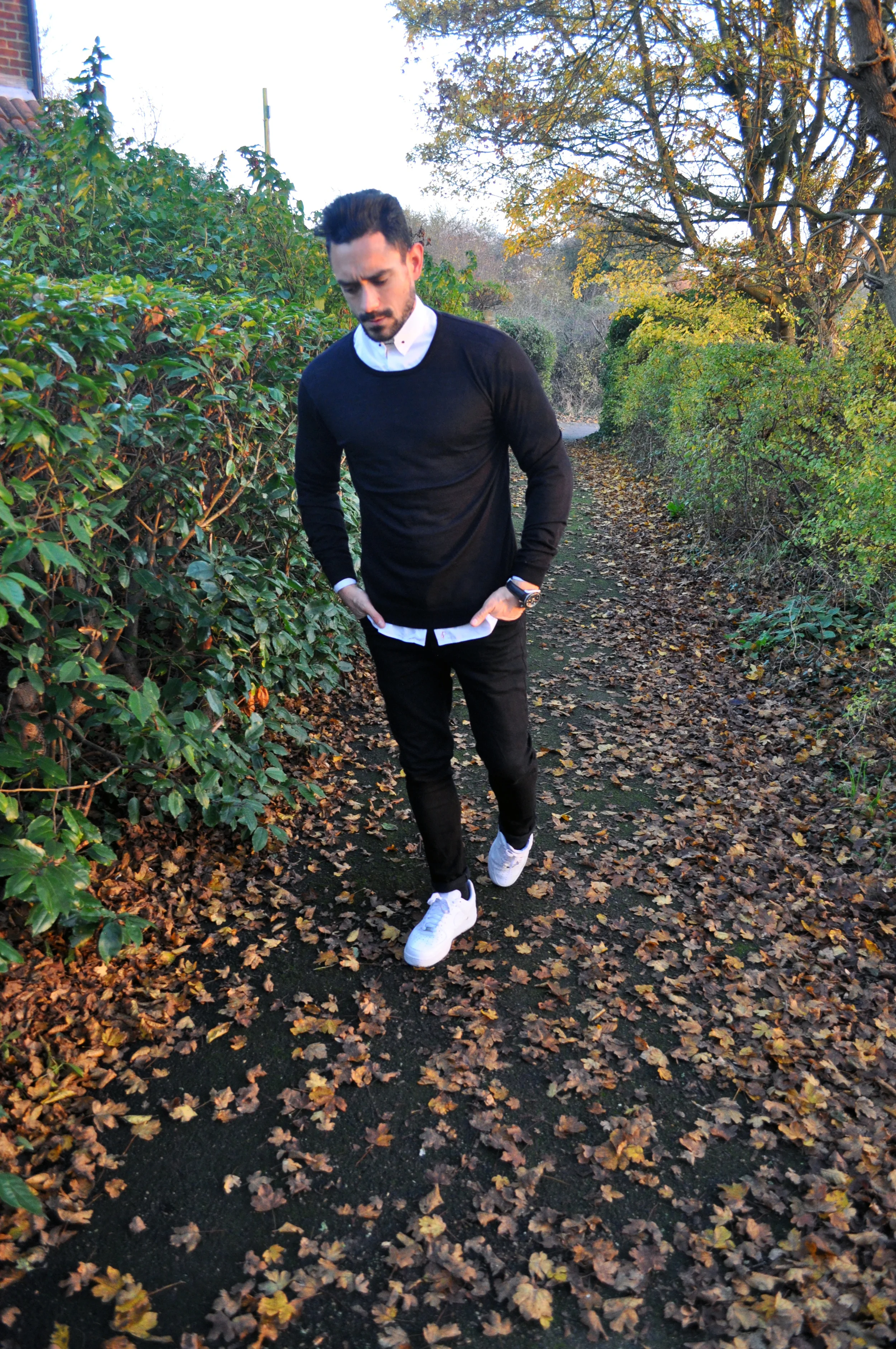 Ditching the t-shirt and All-Saints leather jacket and replaced with a thin black wool jumper for those random warm winter days, keeping things casual with ASOS black skinny jeans and Nike Air Force 1 trainers. 