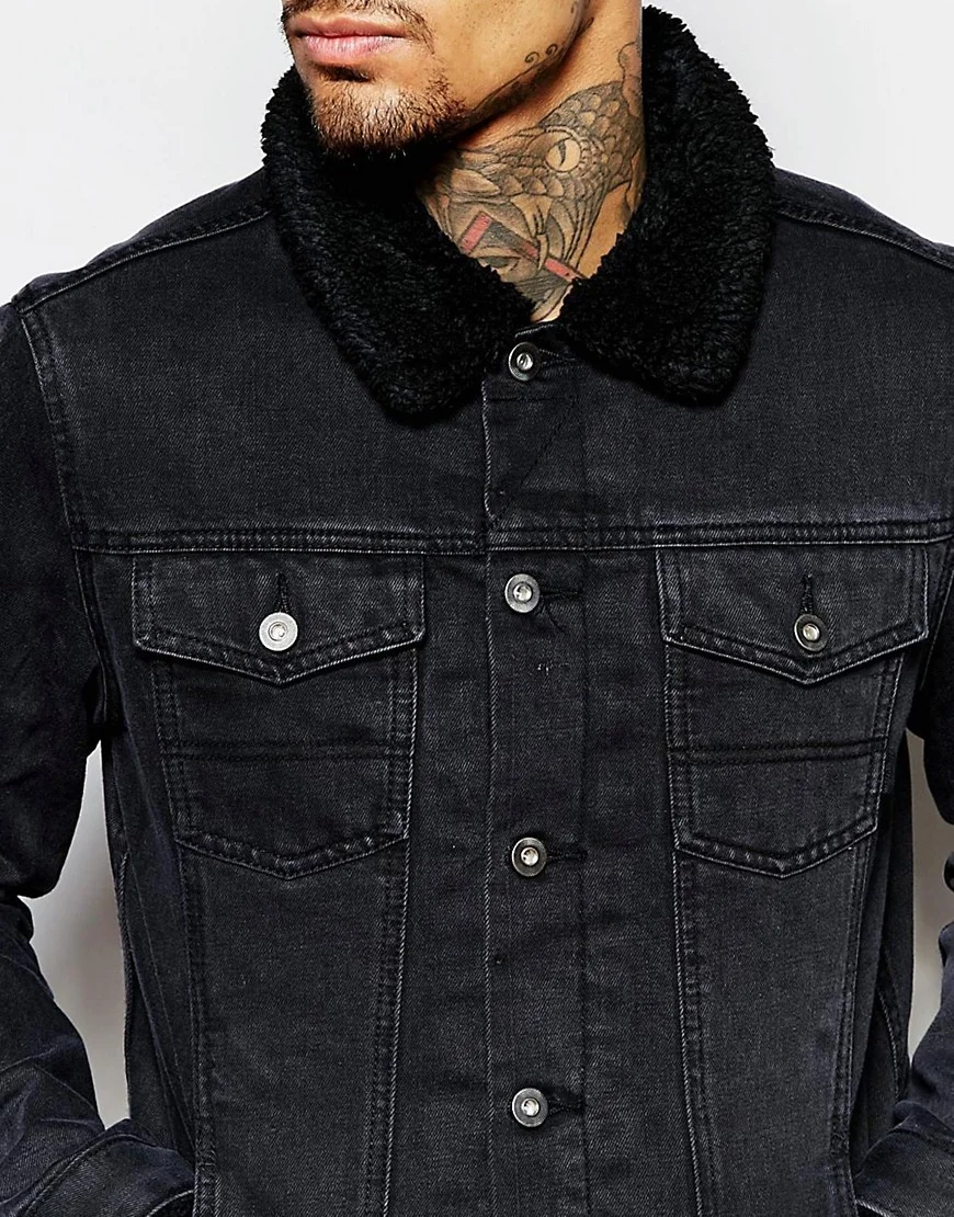 Black Denim Jacket with Shearling Collar