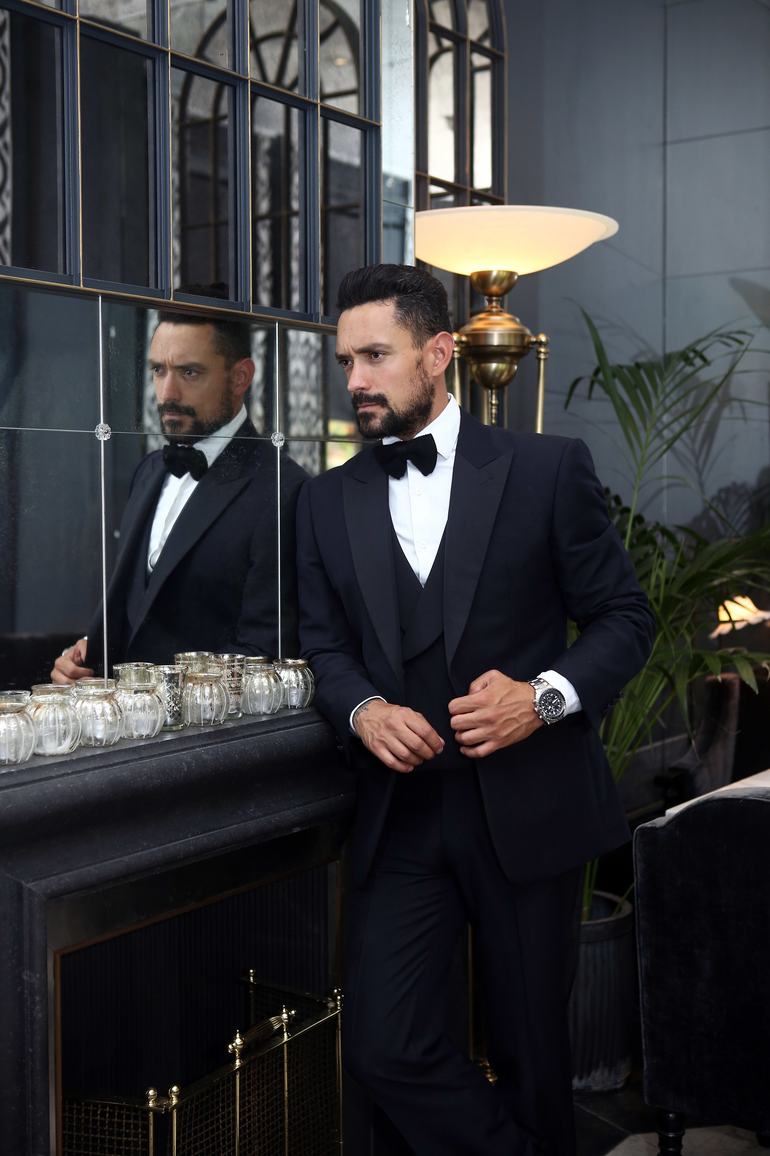 black tux and navy dress