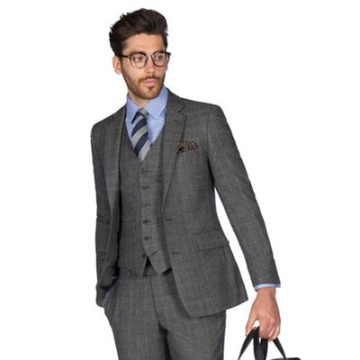 HAMMOND & CO. BY PATRICK GRANT GREY WITH CARAMEL OVERCHECK WOOL BLEND 2 BUTTON FRONT TAILORED FIT ST