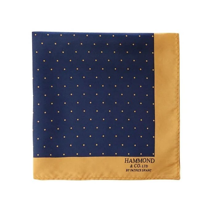 HAMMOND & CO. BY PATRICK GRANT NAVY POLKA DOT PRINT PURE SILK POCKET SQUARE