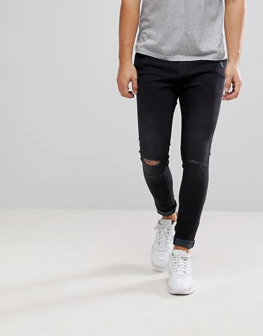 BERSHKA SUPER SKINNY JEANS WITH RIPS IN BLACK