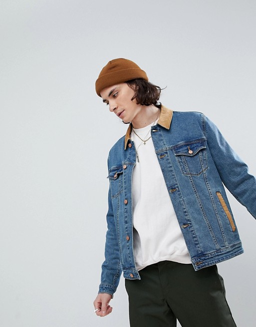 ASOS SKINNY DENIM JACKET WITH CORD COLLAR IN MID WASH