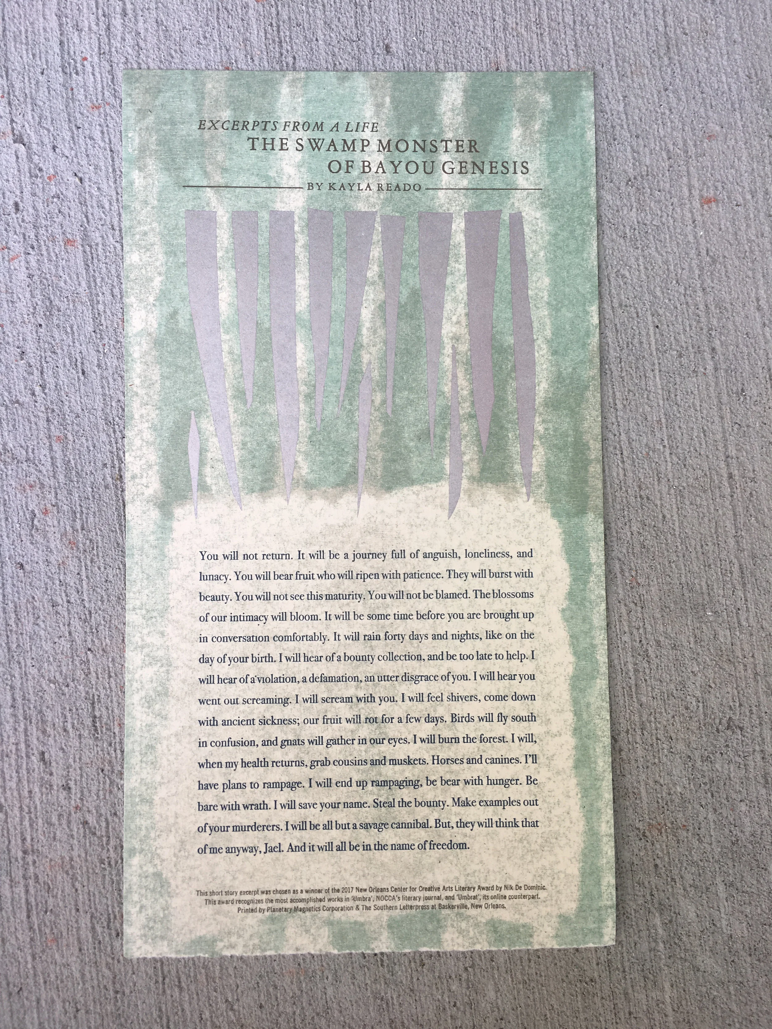 Broadside for prize winning NOCCA writing students