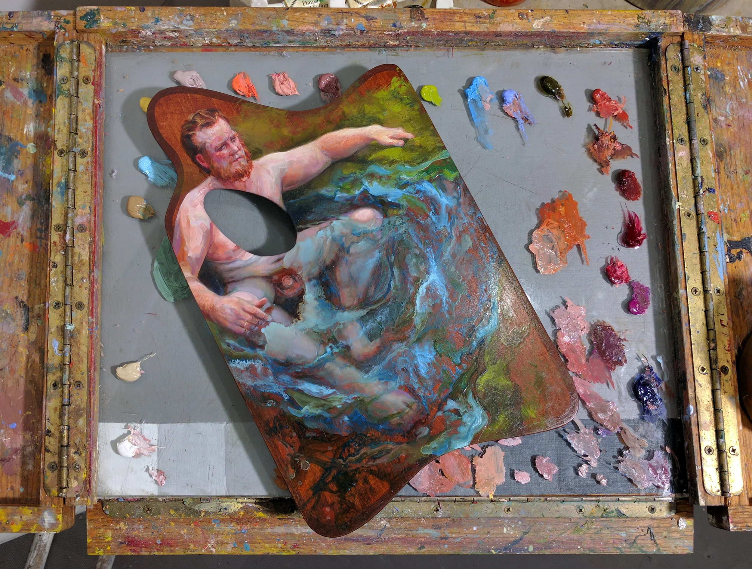A work-in-progress view of my painted palette (on my current painting palette) for the show, "Le Source" - on a wooden palette my husband hand made for me when I was just beginning to learn how to paint. 