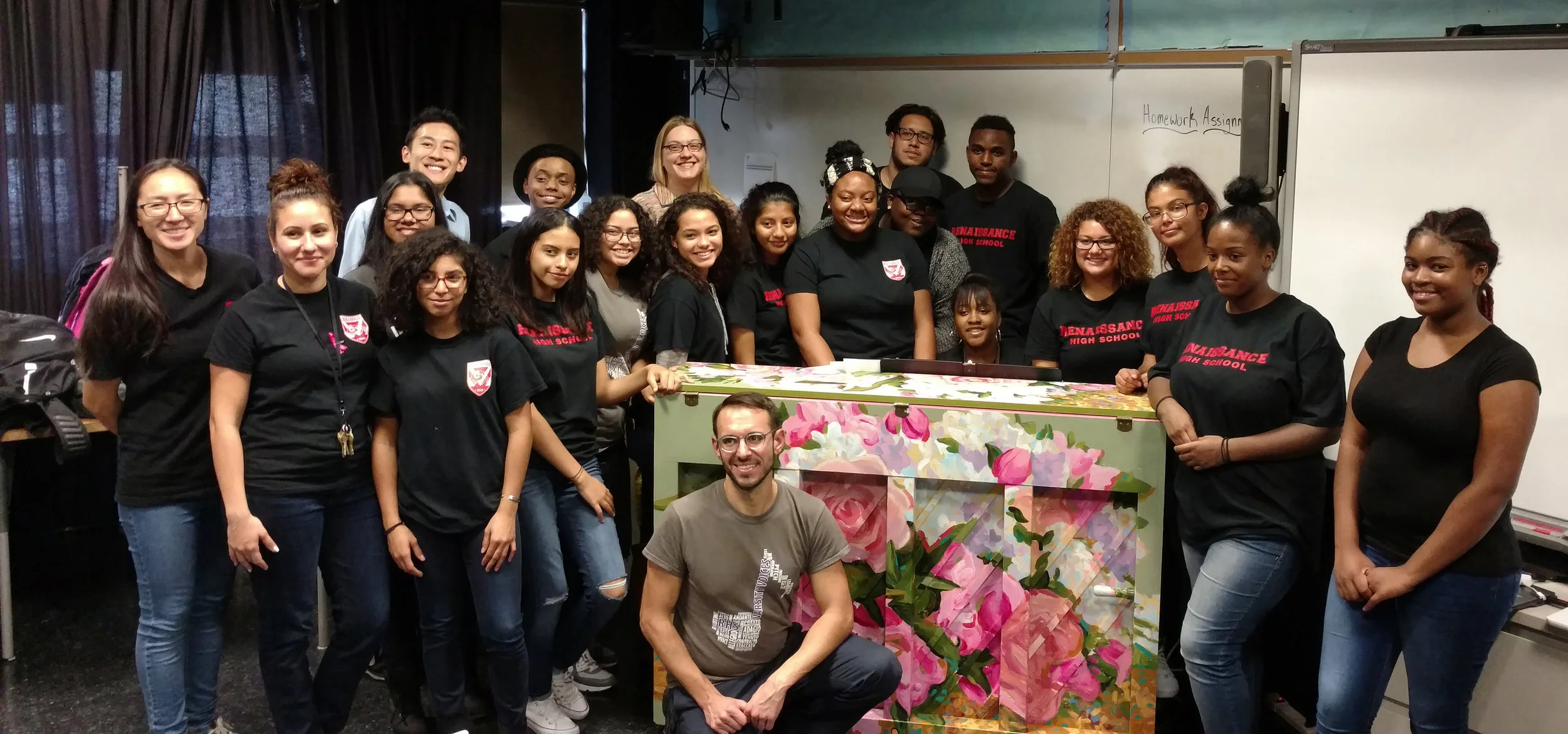 My piano was placed in the Renaissance High School for Musical Theater and Technology in the Bronx. Mark Galante, the Advanced Choir's conductor, wrote an application for a Sing for Hope Piano as part of the competitive process to be considered as a recipient for the instrument. Here we all are, with their new Sing or Hope Piano!