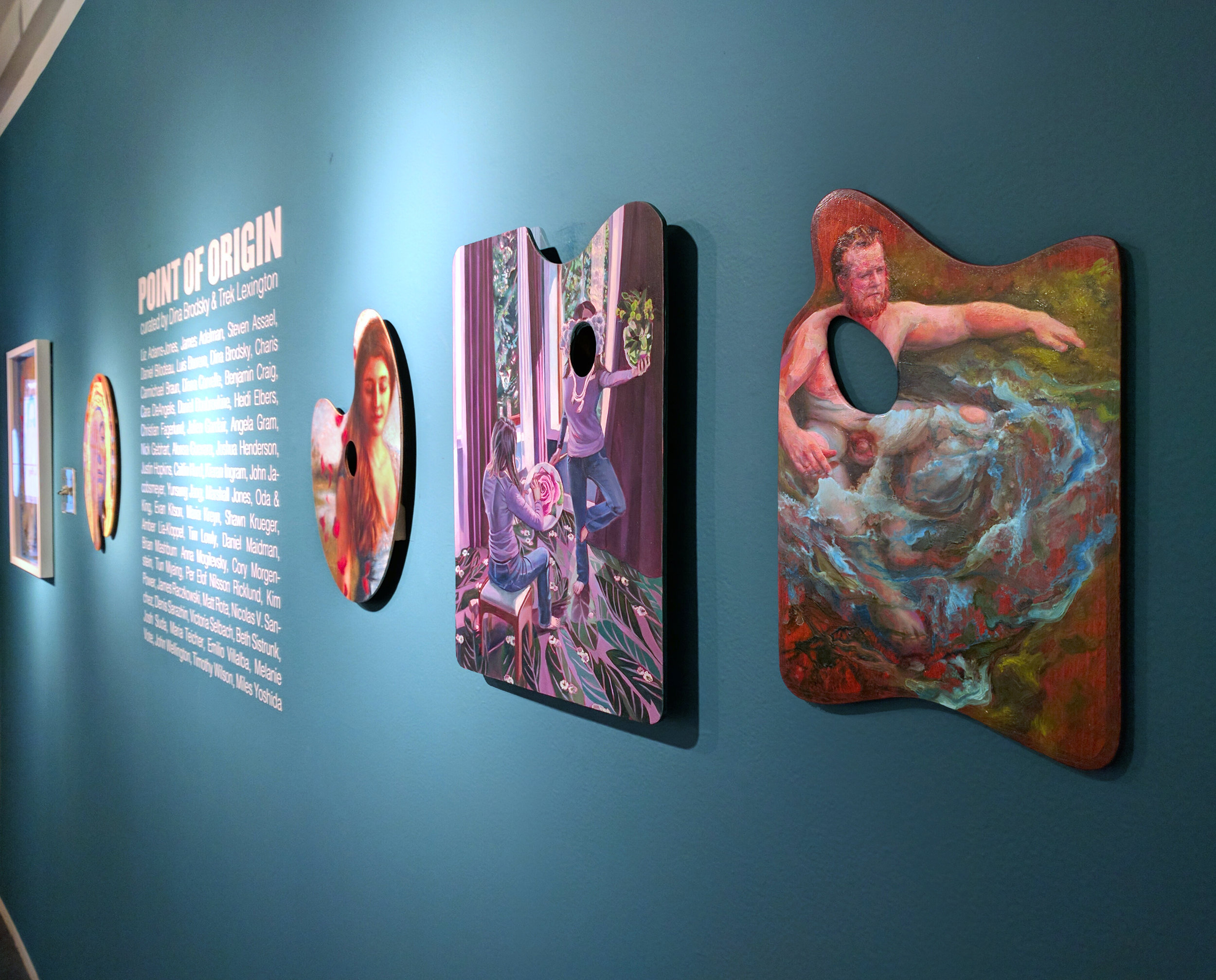 Installation view at The Lodge Gallery, seen with (from left) Beth Sistrunk, and Anna Mogilevsky's palettes.