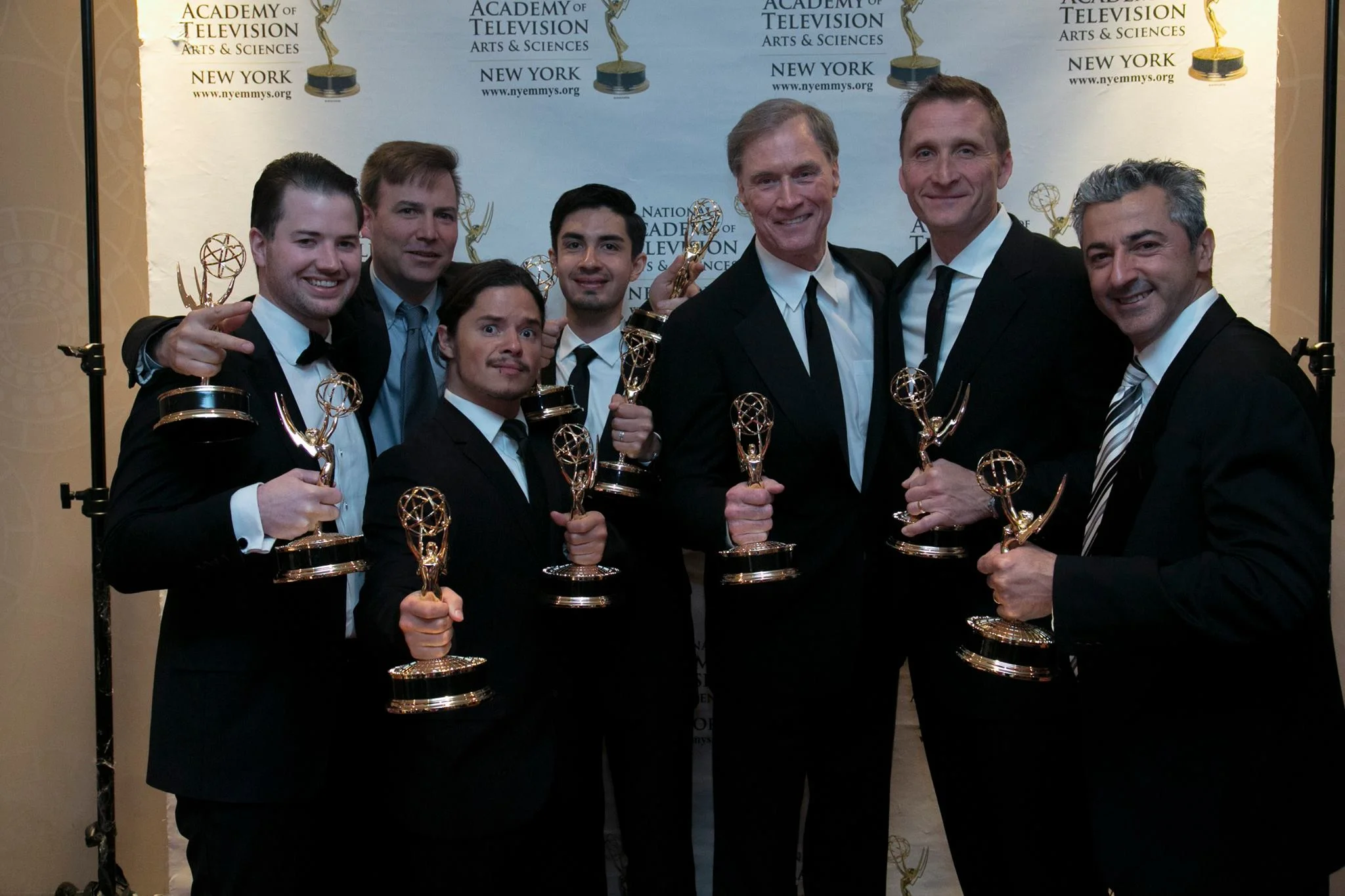 At the New York Emmy Awards. From L to R: Senior Producer Dan Galway, Senior Editor Lee Umphred, Producer Filipe DeAndrade, Director of Technical Operations John Ibarra, Host & Executive Producer Fran Healy, Founder & Executive Producer Roman Gackowski, Director of Photography Chris Kostianis. 