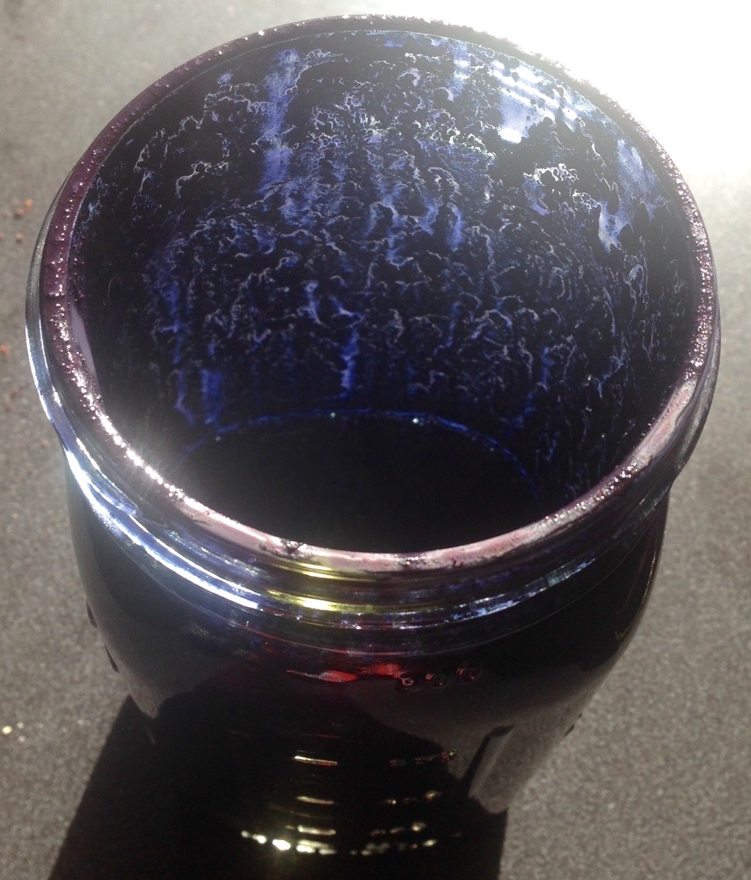 The mason jar used to "wet out" the indigo. There's about 4 oz. of indigo in there, along with 4 oz of water and a few pebbles from my backyard. This is after is was shaken. 