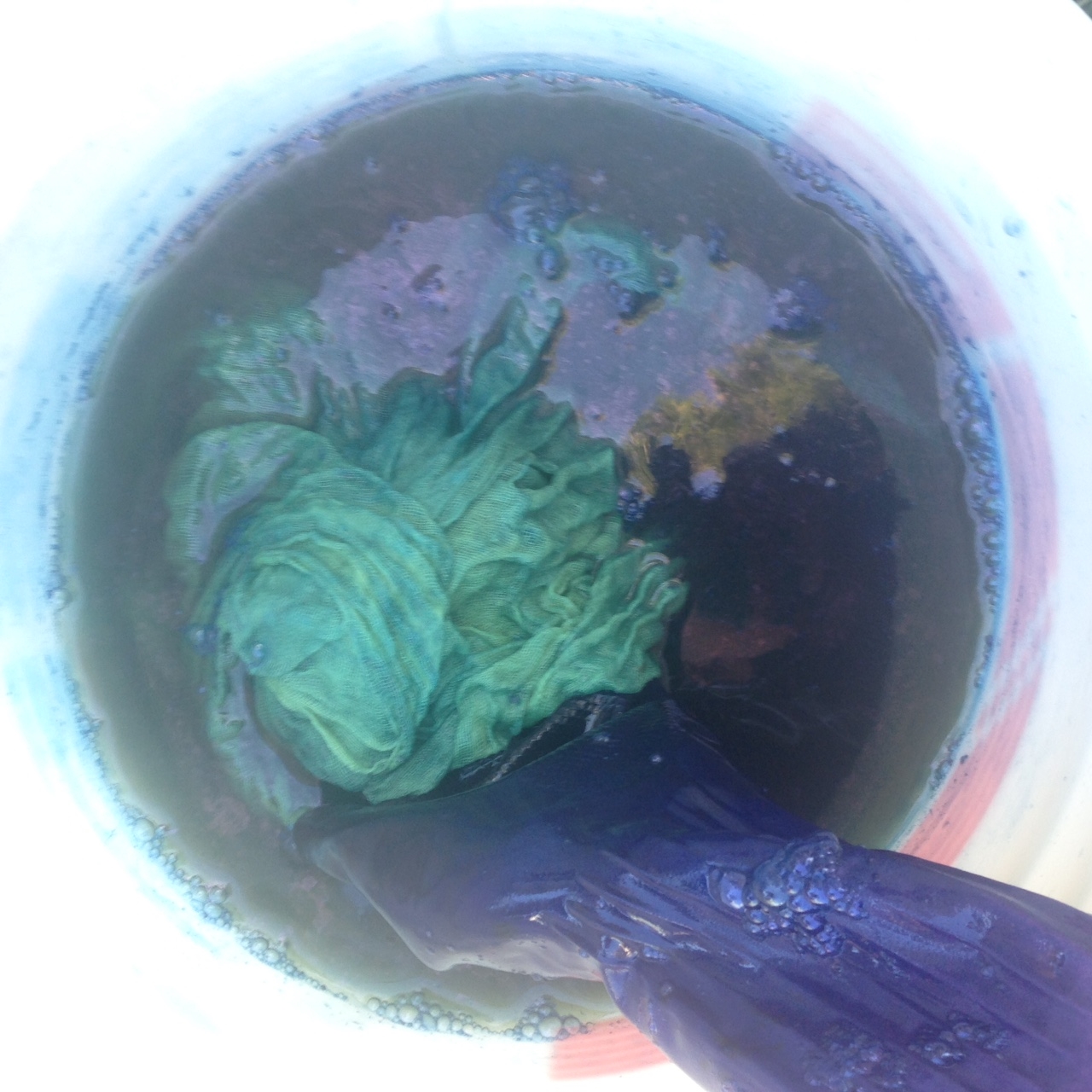 Rinsing out the recently dyed fiber in a bucket of water. Notice how the fiber is still a bright green after pulling it out of the vat- this is because it hasn't fully oxygenated yet. If your fiber is blue when you take it from the vat, the pigment will wash right out. 