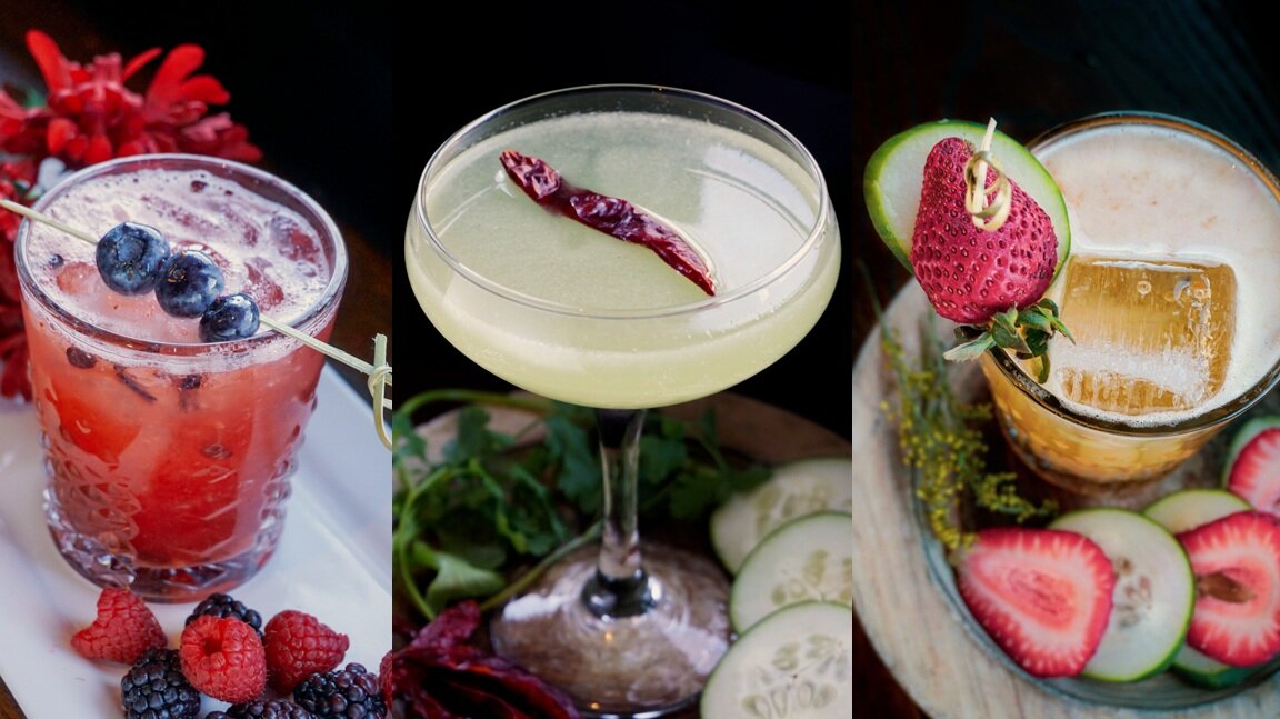  Picture collage of three cocktails. The first photo is a red cocktail garnished with berries. The second cocktail is a margarita in a coupe glass with a floating serrano pepper. The third cocktail is garnished with fresh strawberries and cucumbers 