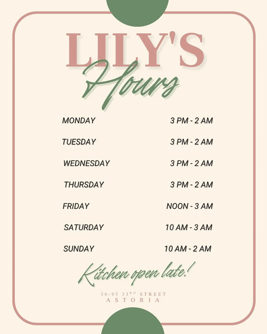 Because Lily isn&rsquo;t going to bed anytime soon&hellip; Check out our extended hours, both at the bar and the kitchen 🍔🍸😎

#astoriaeats #astorialive #astoriaqueens #astoriahappyhour #astoriapark #astoriaeats #astoriafoodie #astoriafood #astoria