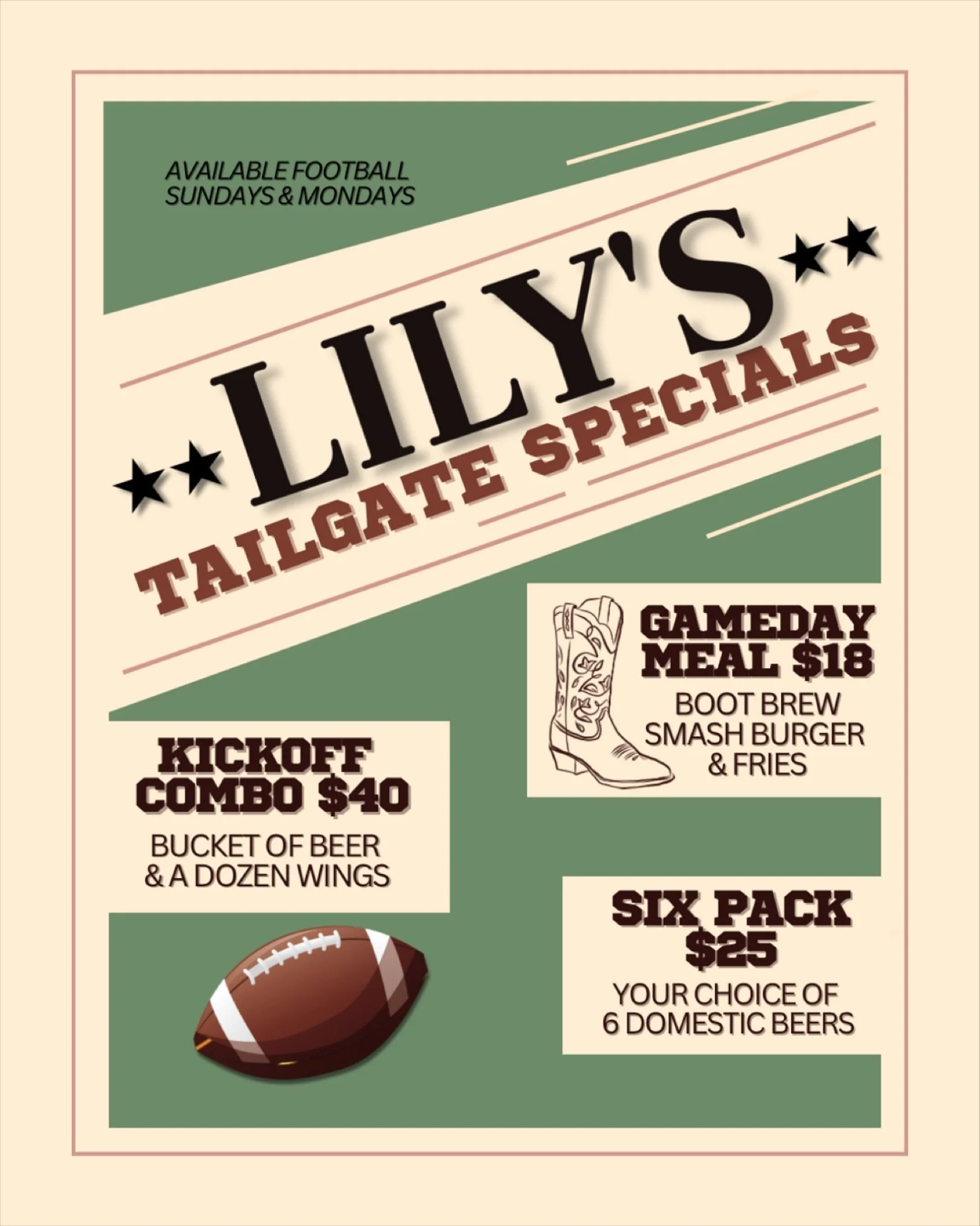 🏈LILY&rsquo;S TAILGATE SPECIALS🏈 Because Lily always needs a snack and an ice-cold beer when watching the game🍔🍺📺 Join us on football Sundays &amp; Mondays for these slammin&rsquo; deals (And don&rsquo;t forget about our All Day Happy Hour!)😮&z
