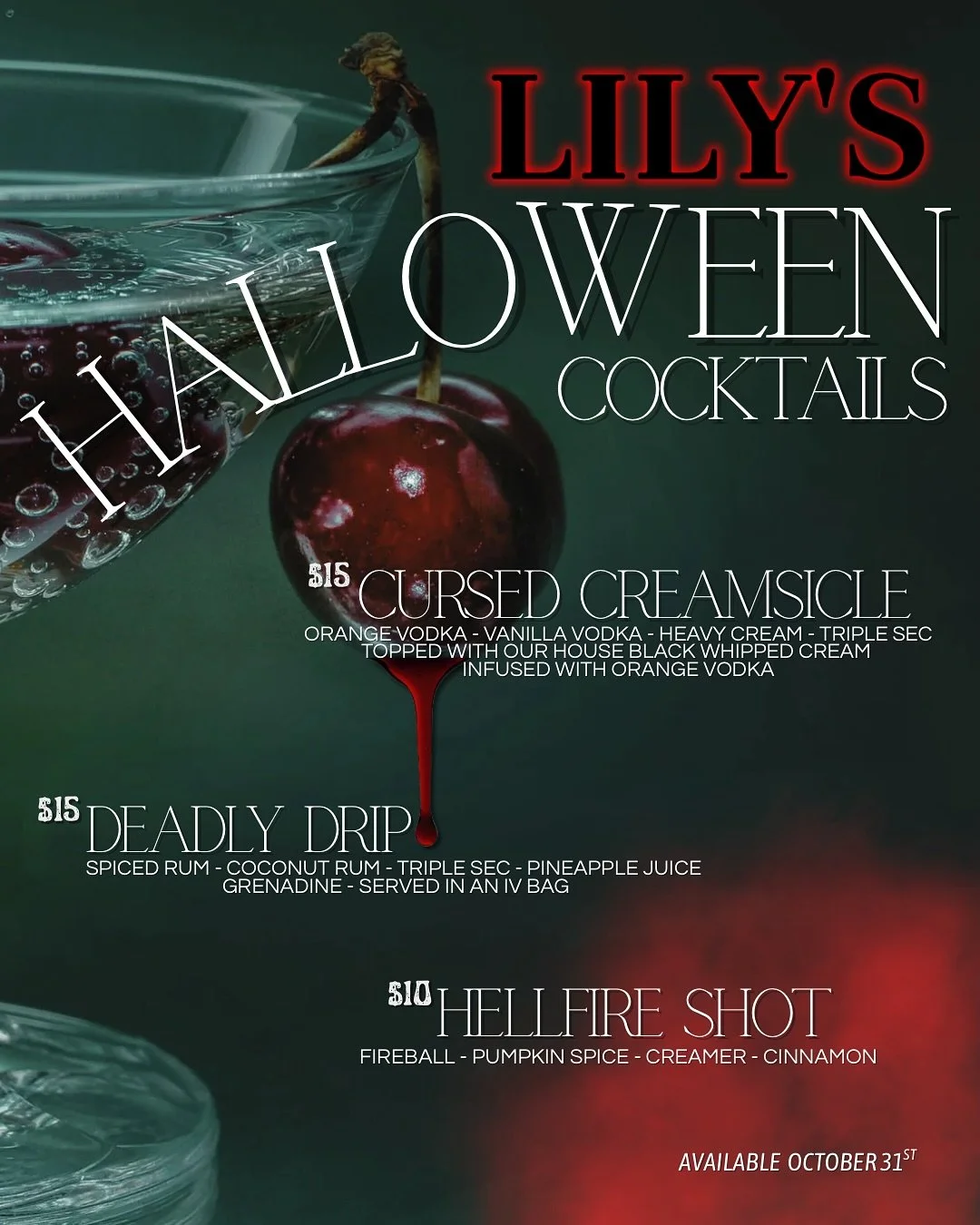 Lily&rsquo;s Halloween cocktails are to DIE for🔪💀 Do you dare enter tomorrow and suck down our evil elixirs? 🧪🩸 

🩸💀LILY&rsquo;S HALLOWEEN BASH!💀🩸

Sexy skeletons, potent potions, baddies on broomsticks, and gore! Ahem&hellip; we mean MORE!🫦
