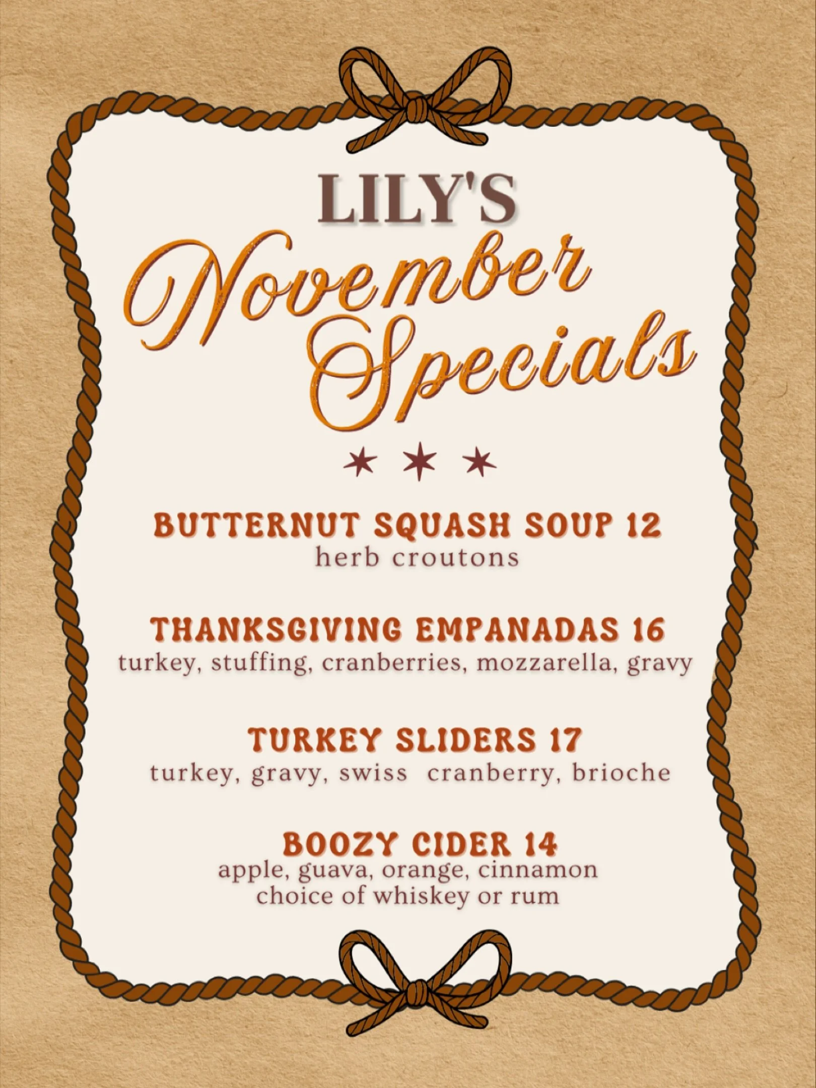 🍂👢LILY&rsquo;S NOVEMBER SPECIALS👢🍂 Sweater weather just got better 🧶It&rsquo;s that time of year to put on your favorite fit and dig into a Fall feast &amp; sip on a hot, boozy bev. Join us all month long for our fab Fall specials and a fun week
