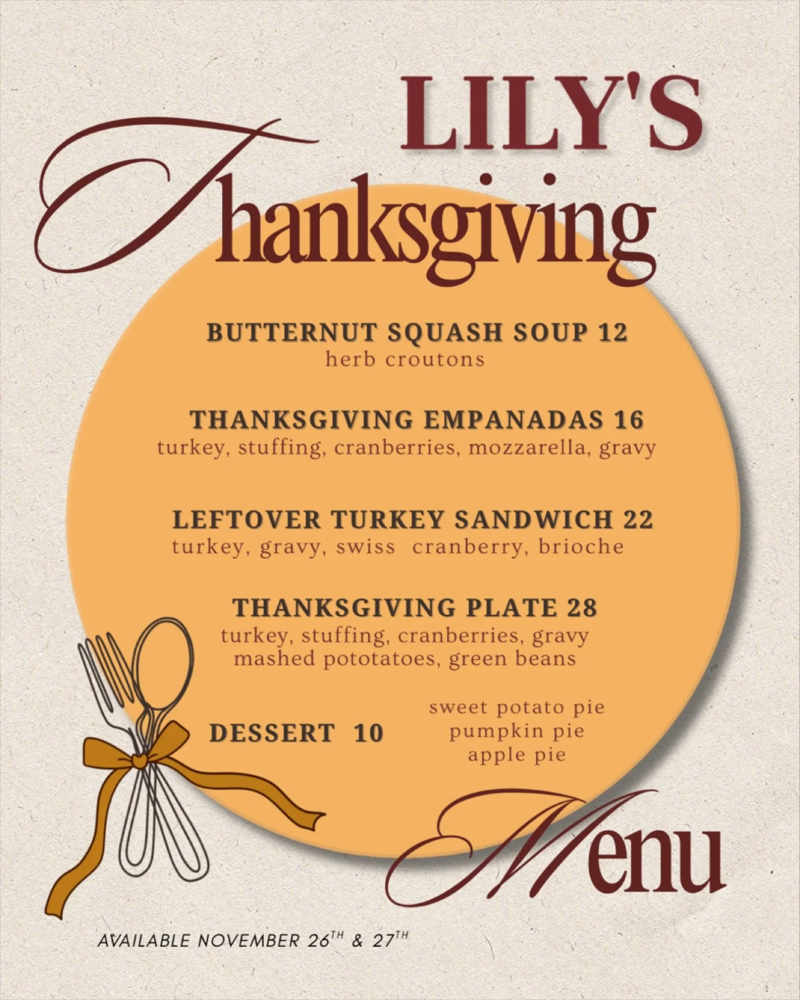 🍗🍁LILY&rsquo;S THANKSGIVING🍁🍗 Put those pans down and pause the TikTok pie-baking tutorial because Lily&rsquo;s has you covered this Thanksgiving &amp; Eve🥧 Join us November 26th &amp; 27th for a drool-worthy feast, full of all your Turkey Day f