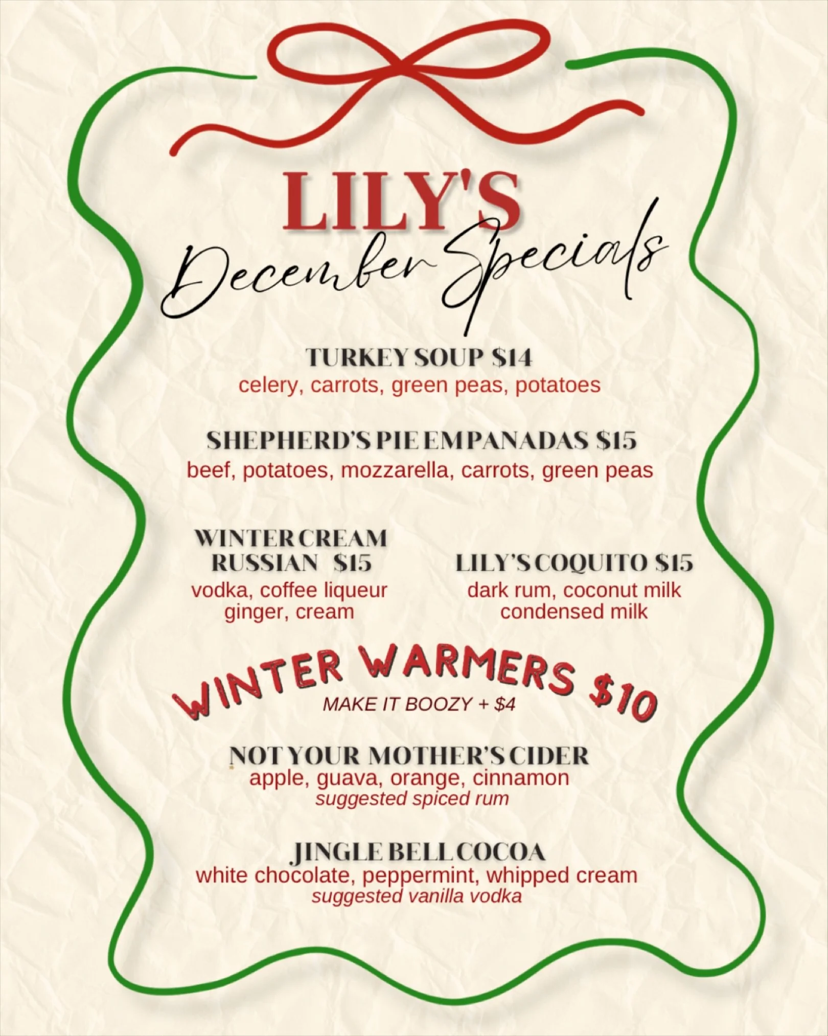 🌲🎁DECEMBER SPECIALS🎁🌲 &lsquo;Tis the season to be warm &amp; fuzzy&hellip; And very buzzy🥃 Naughty or nice, join us all month long for all of the holiday spice- From boozy hot cocoa to piping hot soup, you can shed a few layers and get cozy at L