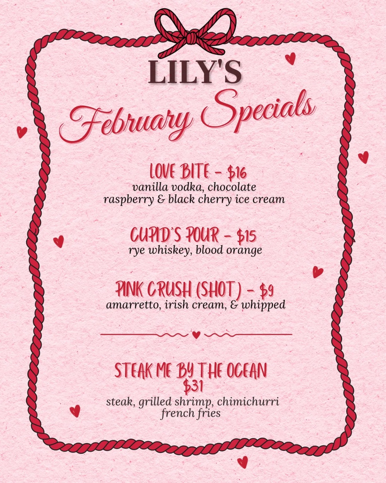 💋Lily&rsquo;s February Specials💋 Join us all month long for slow sips, fast heartbeats, and nights that keep going even after the check drops🫦 Whether it&rsquo;s with bestie or boo, our specials will have you falling for February ❤️&zwj;🔥🍸🍴

#v