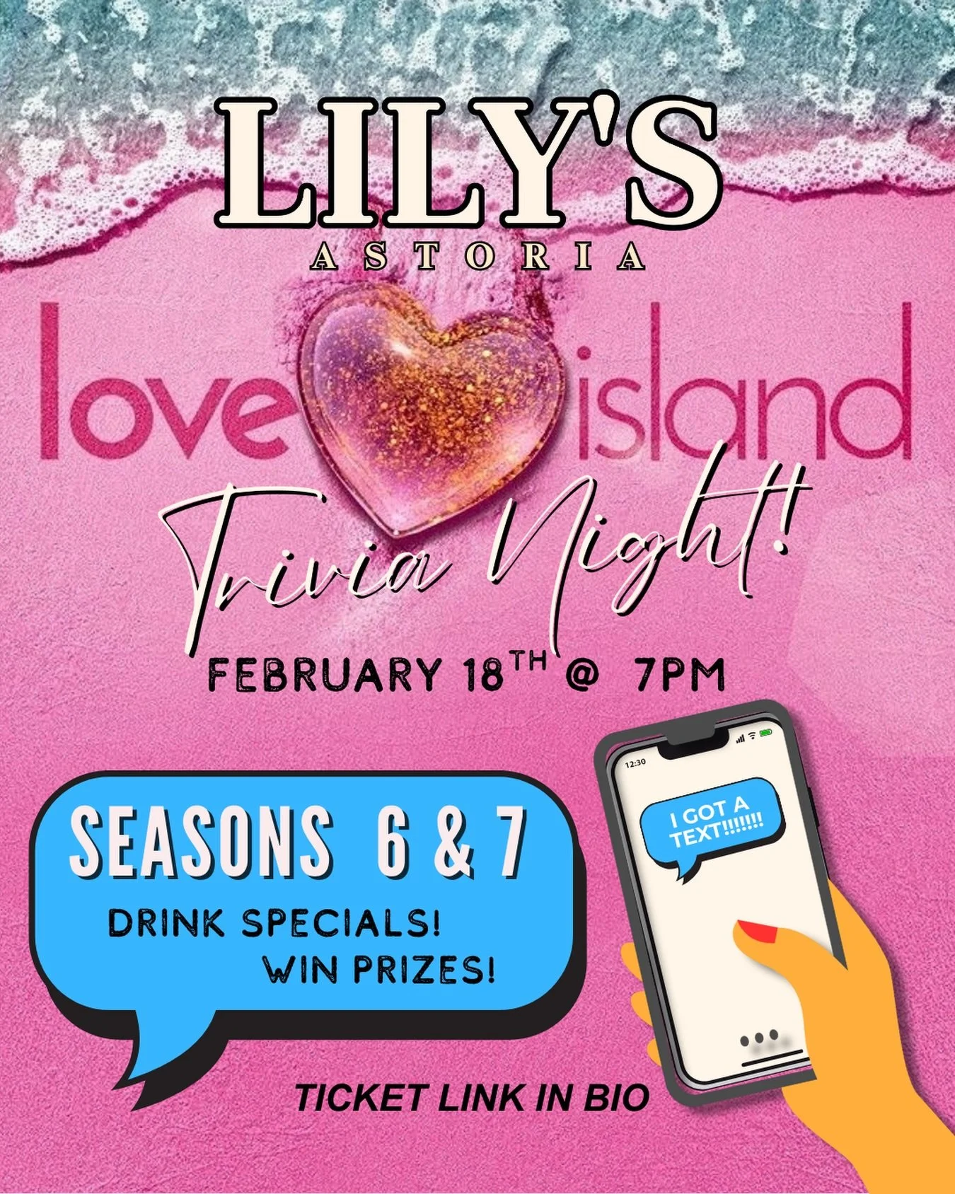 🏝️❤️&zwj;🔥LOVE ISLAND TRIVIA NIGHT❤️&zwj;🔥🏝️ We got a text!!!!!!🤳&hellip;And we&rsquo;re replying YES to Lily&rsquo;s Love Island Trivia on Wednesday, February 18th where we&rsquo;ll deep-dive into all things Seasons 6 &amp; 7. Quick, text your 