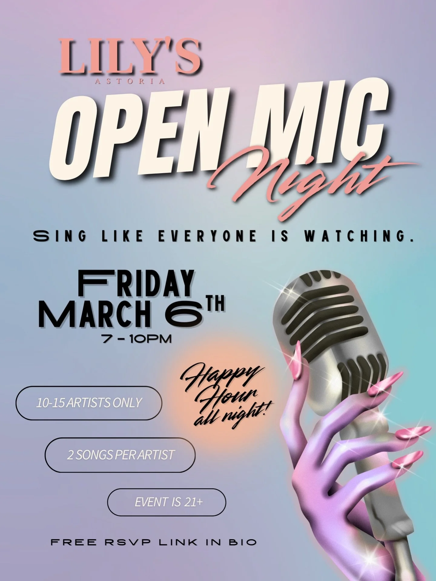 🎤🎙️OPEN MIC NIGHT🎙️🎤 Ready to grab the mic and light up the night? ✨ Join us Friday, March 6th as we host a room full of hidden talents and bring them to the Lily&rsquo;s spotlight 🙌 Bring your friends. Bring your talent. Bring your courage. Jus
