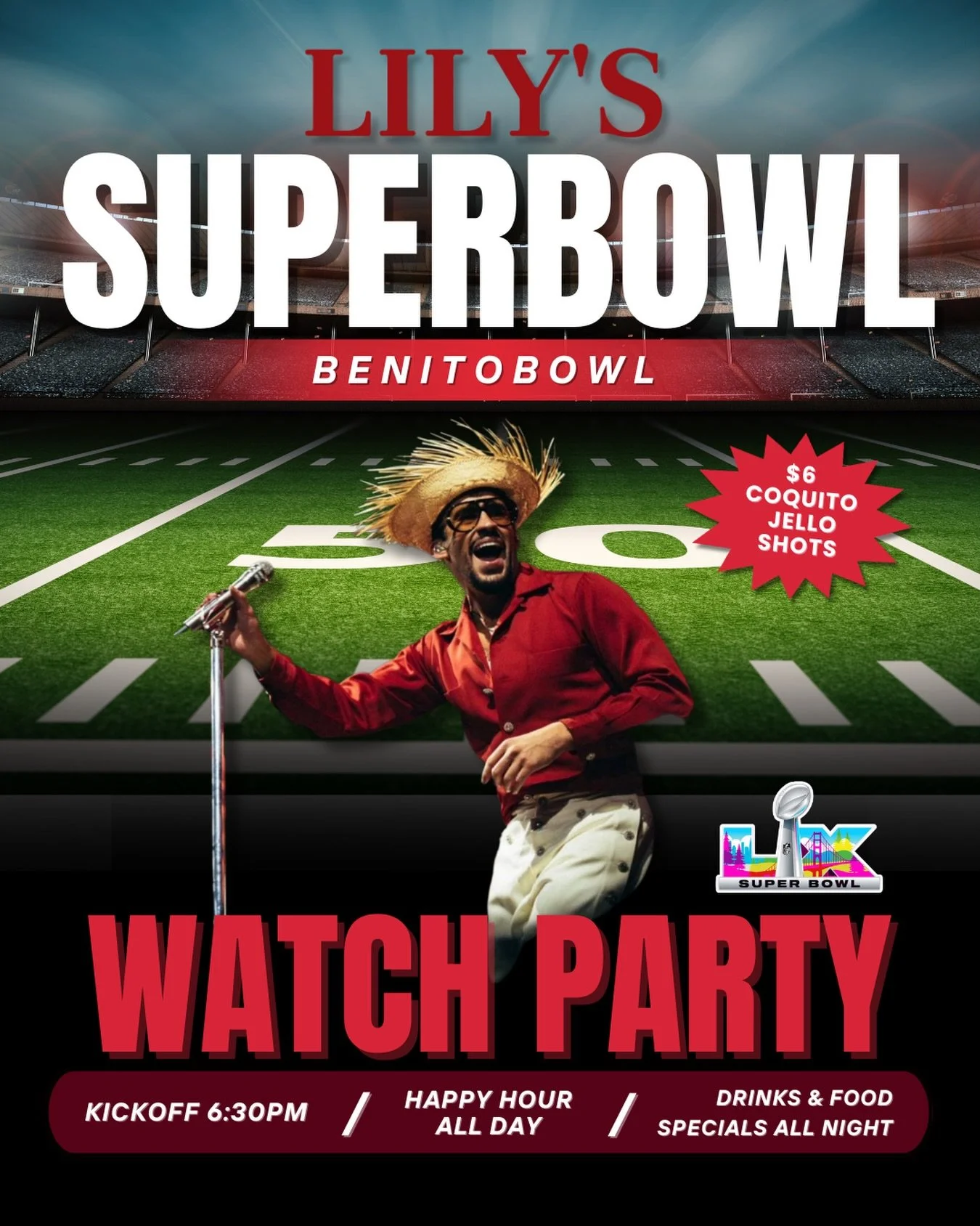 🏈🔥SUPERBOWL WATCH PARTY🔥🏈 Game: ON. Food: FRIED. Kegs: TAPPED. Vibes: All the way UP. 
Join us Sunday, February 8th for Lily&rsquo;s epic Benito Bowl Watch Party. We&rsquo;ll be slingin&rsquo; Happy Hour all day, Game Day Specials, and $6 Coquito