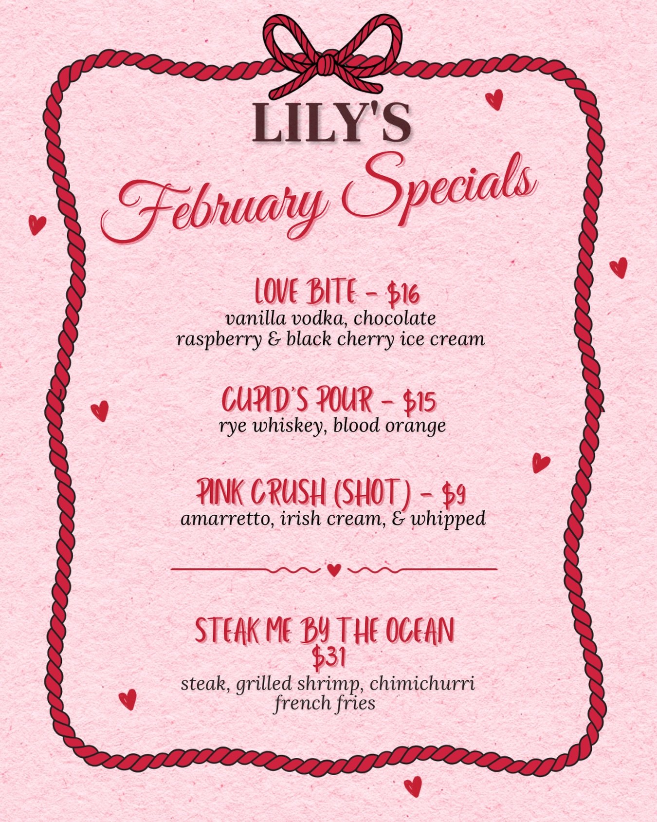 💋Lily&rsquo;s February Specials💋 Join us all month long for slow sips, fast heartbeats, and nights that keep going even after the check drops🫦 Whether it&rsquo;s with bestie or boo, our specials will have you falling for February ❤️&zwj;🔥🍸🍴

#v