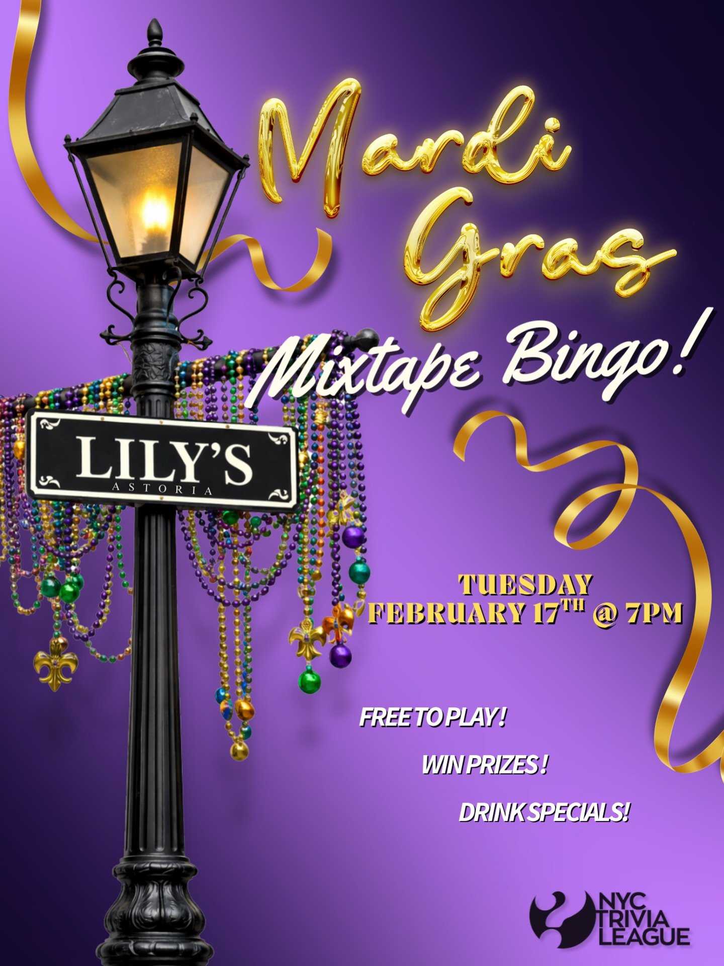 ‼️🎺TONIGHT🎺‼️ Join us for a very special version of Mixtape Bingo- Mardi Gras style!🎉🎶 Catch us at 7PM, dancing in our seats, with a cocktail in one hand and a bingo stamp in the other. Just be sure to arrive early for some dinner, drinks, and a 