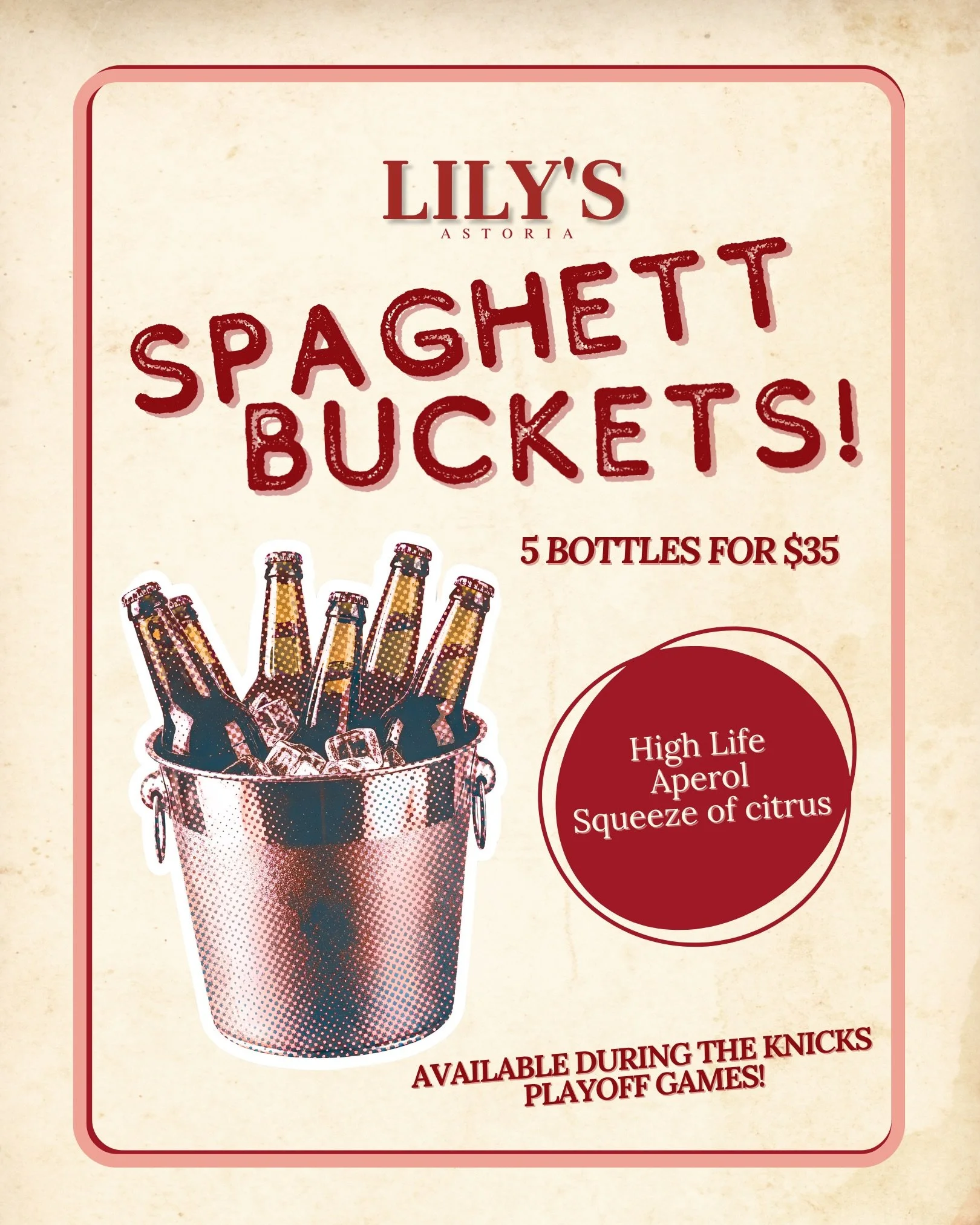🪣$35 SPAGHETT BUCKETS🪣 Forget the Spritz- We&rsquo;re slingin&rsquo; Spaghetts by the bucket for The Knicks!🏀 Join us today for the game, Happy Hour All Day, and the Champagne of Spritzes by the bucket for only $35 (Plus, more Playoff deals!)🍾😎?