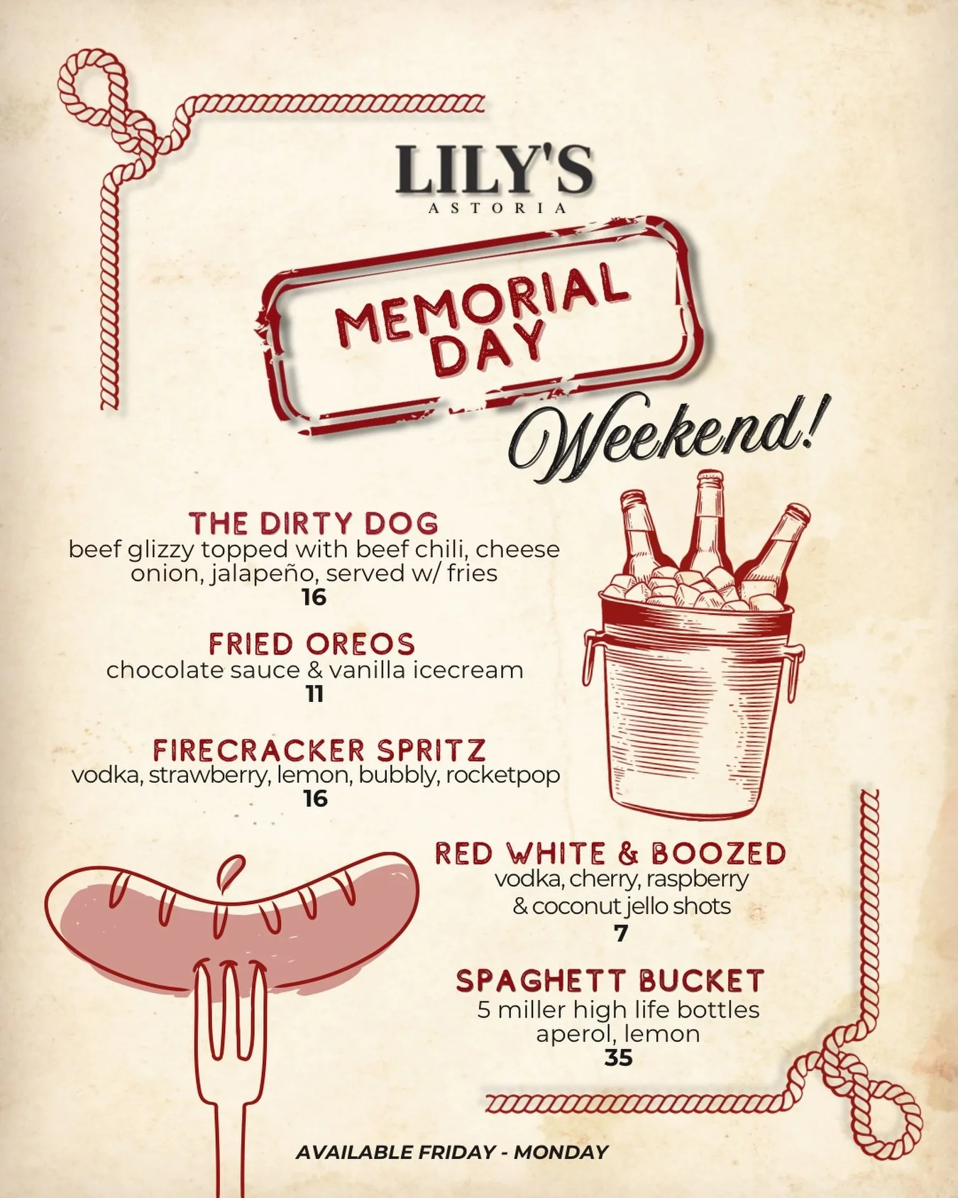 🍹🌭MEMORIAL DAY WEEKEND🌭🍹 Hold onto your buns, we&rsquo;re kicking off Summer correct with loaded dogs, golden fried Oreos, and boozy bevs that are buckets of fun🪣 Plus, Lily&rsquo;s will be in full action with The Knicks, DJs, our fab outdoor se