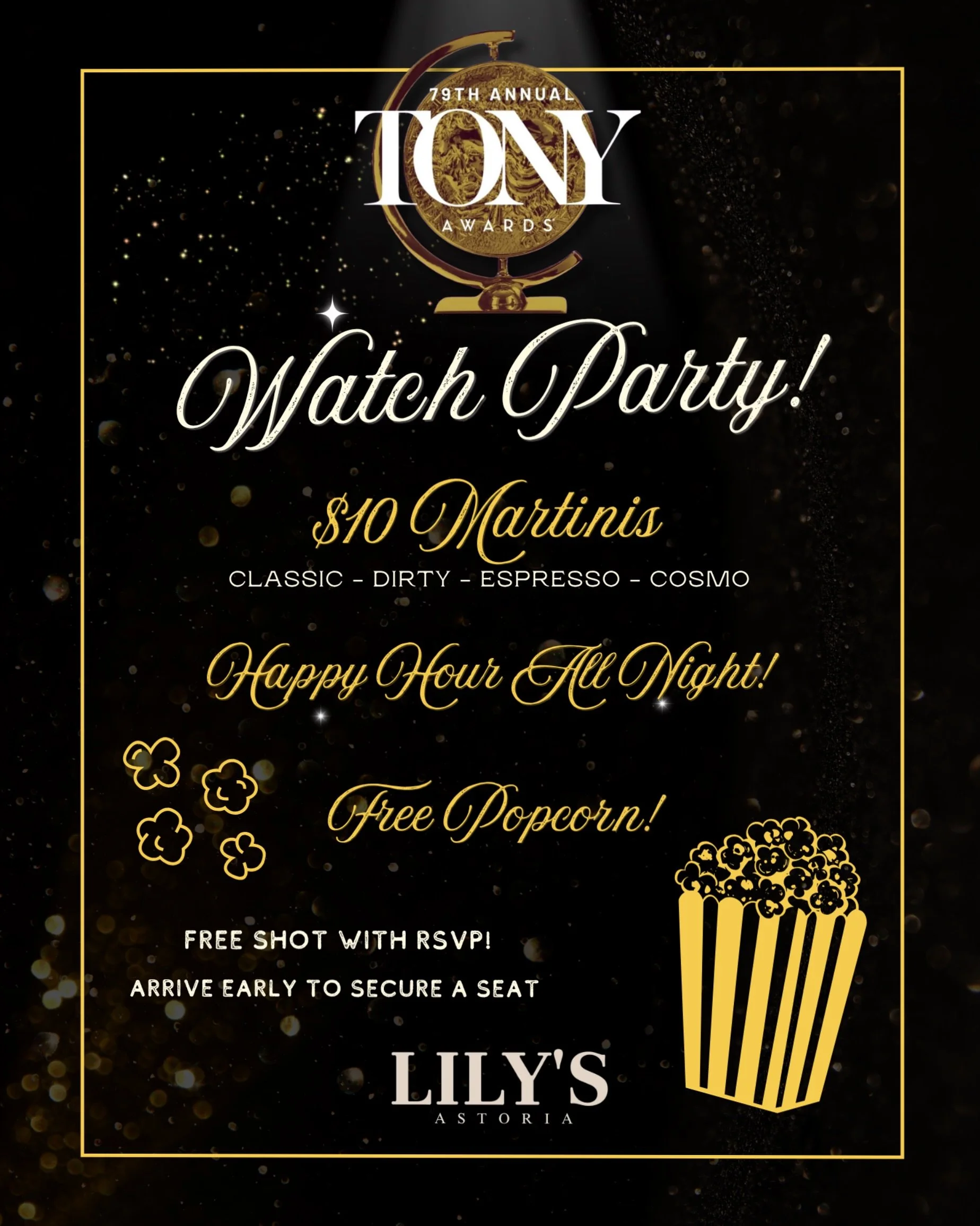 🎭✨TONY AWARDS WATCH PARTY✨🎭 Dress like you&rsquo;re accepting an award, drink like you didn&rsquo;t win, and join us Sunday, June 7th for our Tony Awards Watch Party! Grab a $10 Martini, free popcorn, and scream for your favorite all-grown-up theat