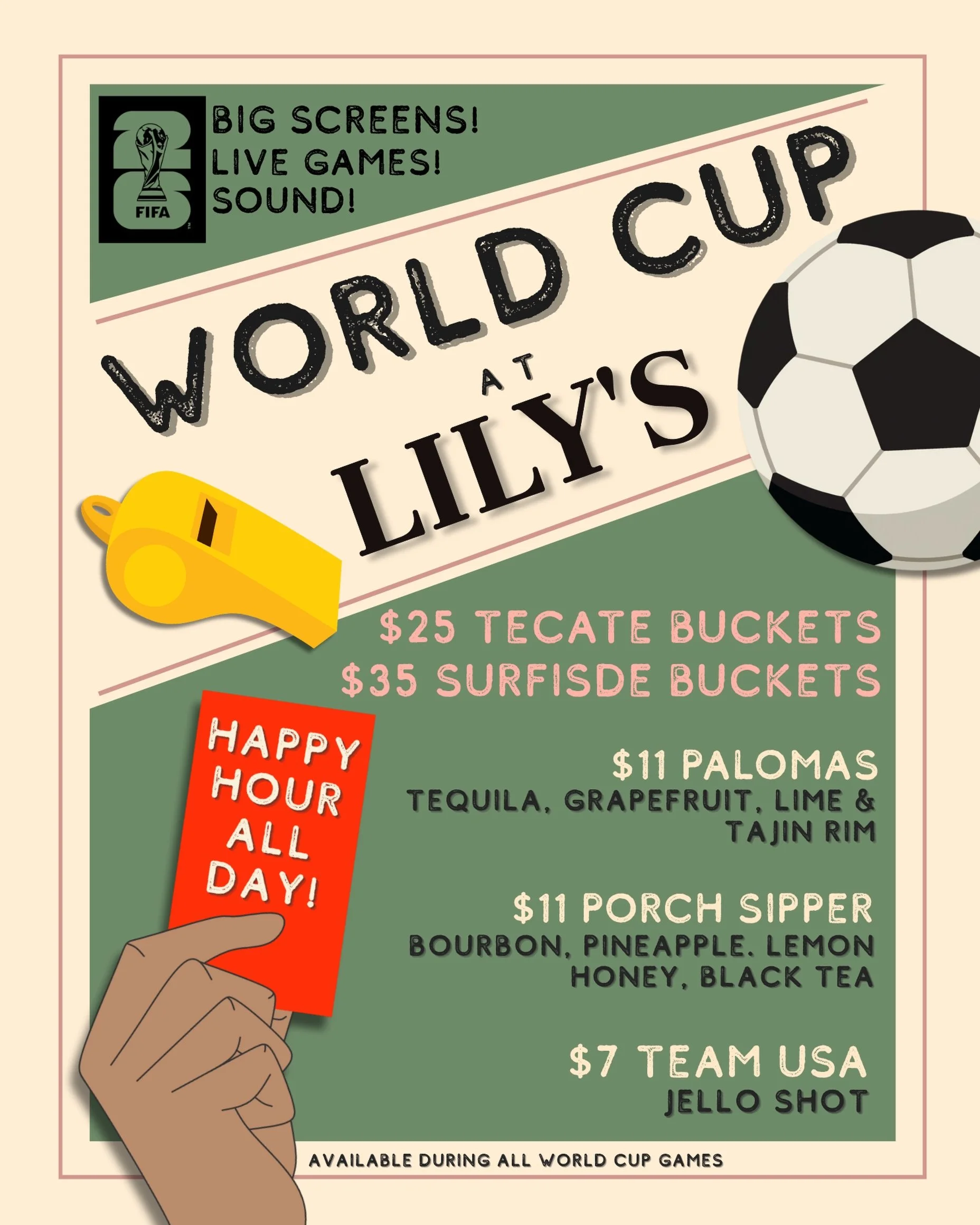 WE WILL OPEN AT 1PM TODAY FOR THE WORLD CUP OPENING CEREMONY!🏟️
🌎⚽️The World Cup is here and Lily&rsquo;s will be THE place to watch it📺 Our projector &amp; TVs will be running in overtime and our Specials &amp; All Day Happy Hour will have you sa