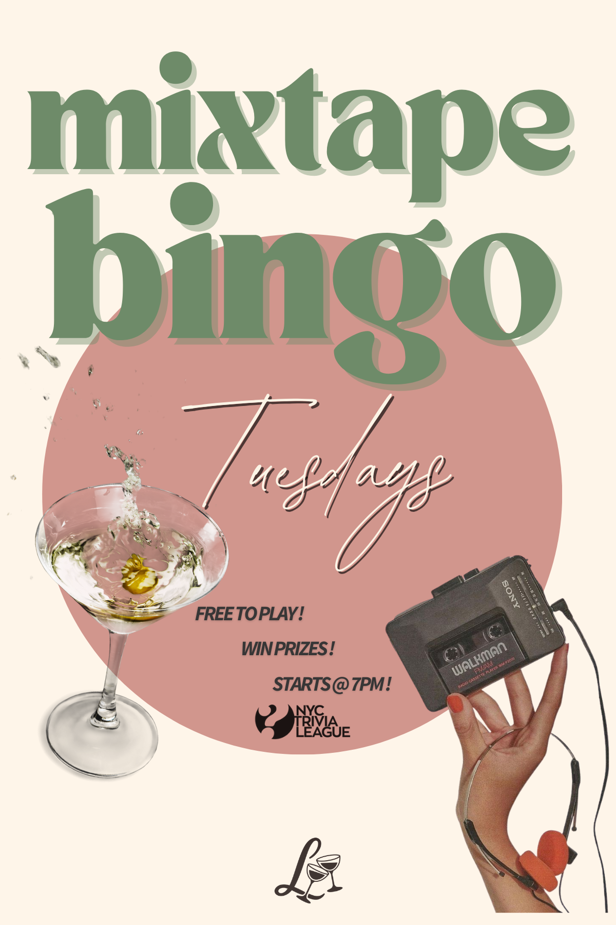 Poster for a mixtape bingo event on Tuesday with a cocktail glass, vintage cassette recorder held by a hand, and event details including free play, prizes, and start time at 7 PM, hosted by NYC Trivia League.