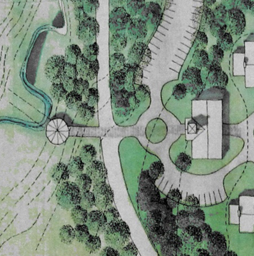 A gazebo serves as a focal point for the therapy flower gardens and a place for informal peer interaction. The arrival experience is much like any of the estates in the area.