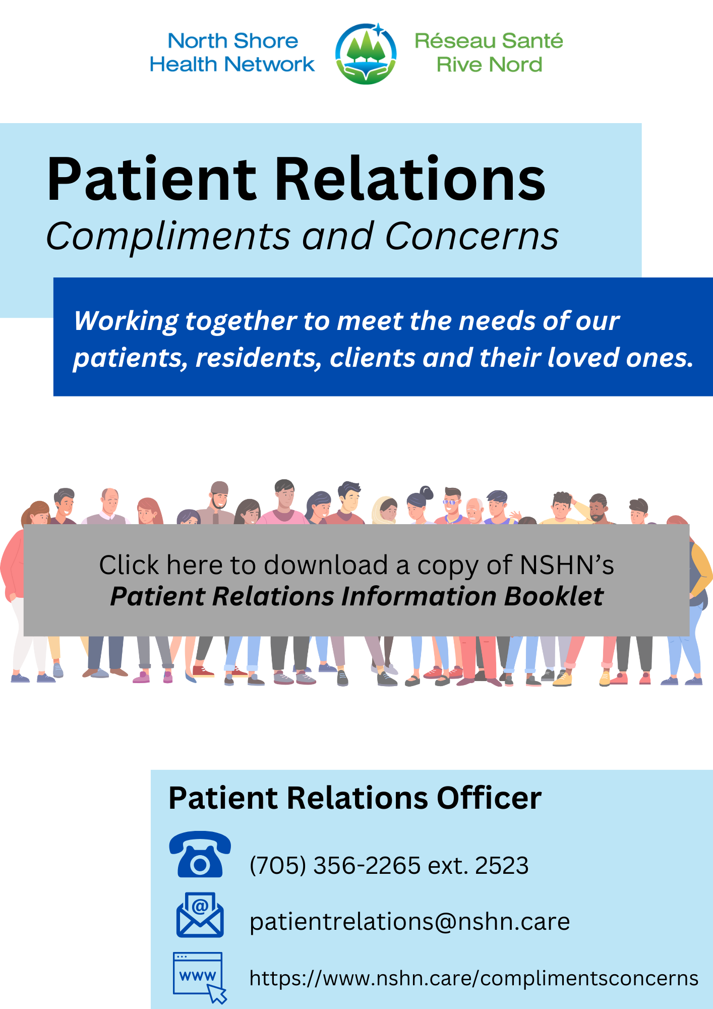 Promotional flyer for North Shore Health Network's Patient Relations, highlighting services for compliments and concerns. Features contact information, including phone number, email, and website link for the Patient Relations Officer.