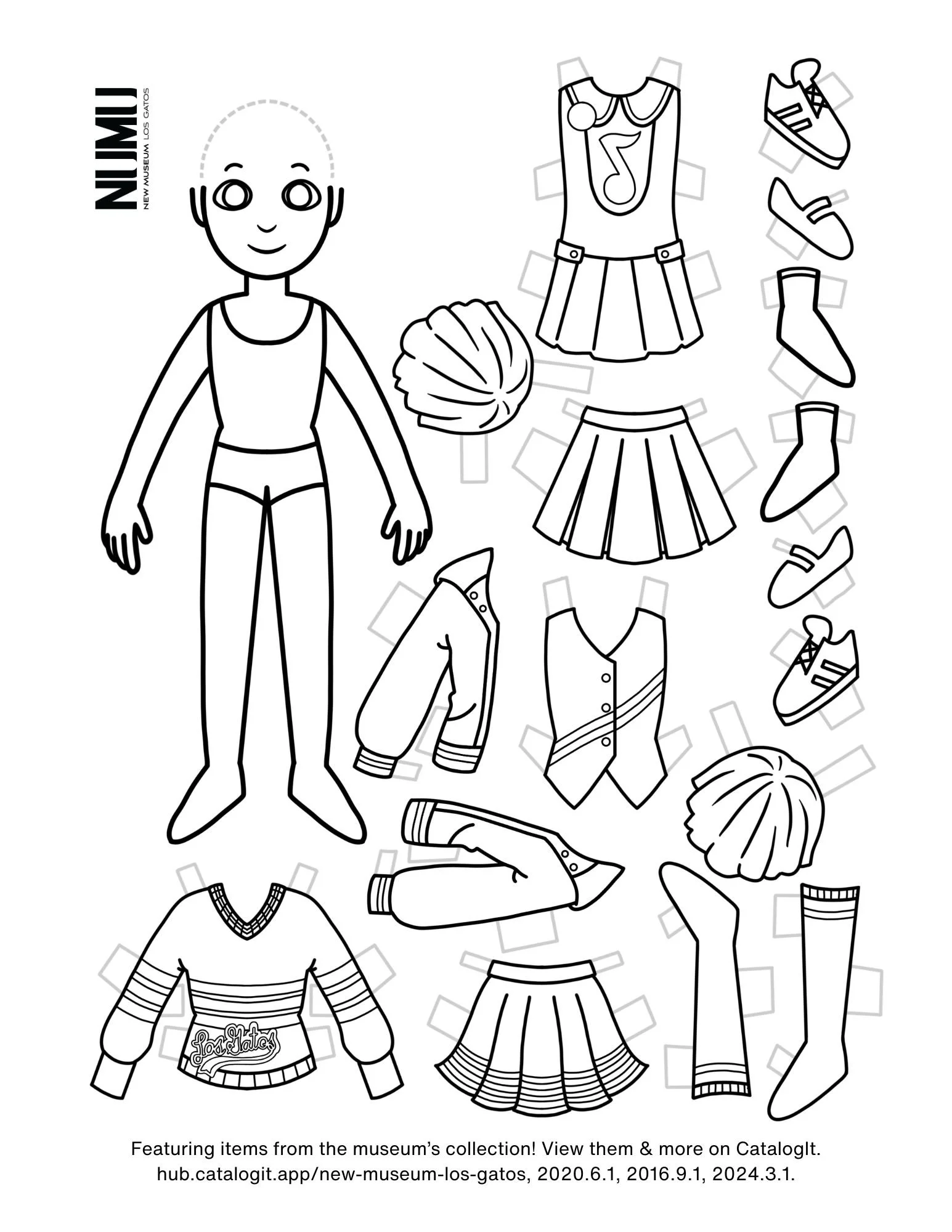 A paper doll, in underclothes, and retro style cheerleader clothing