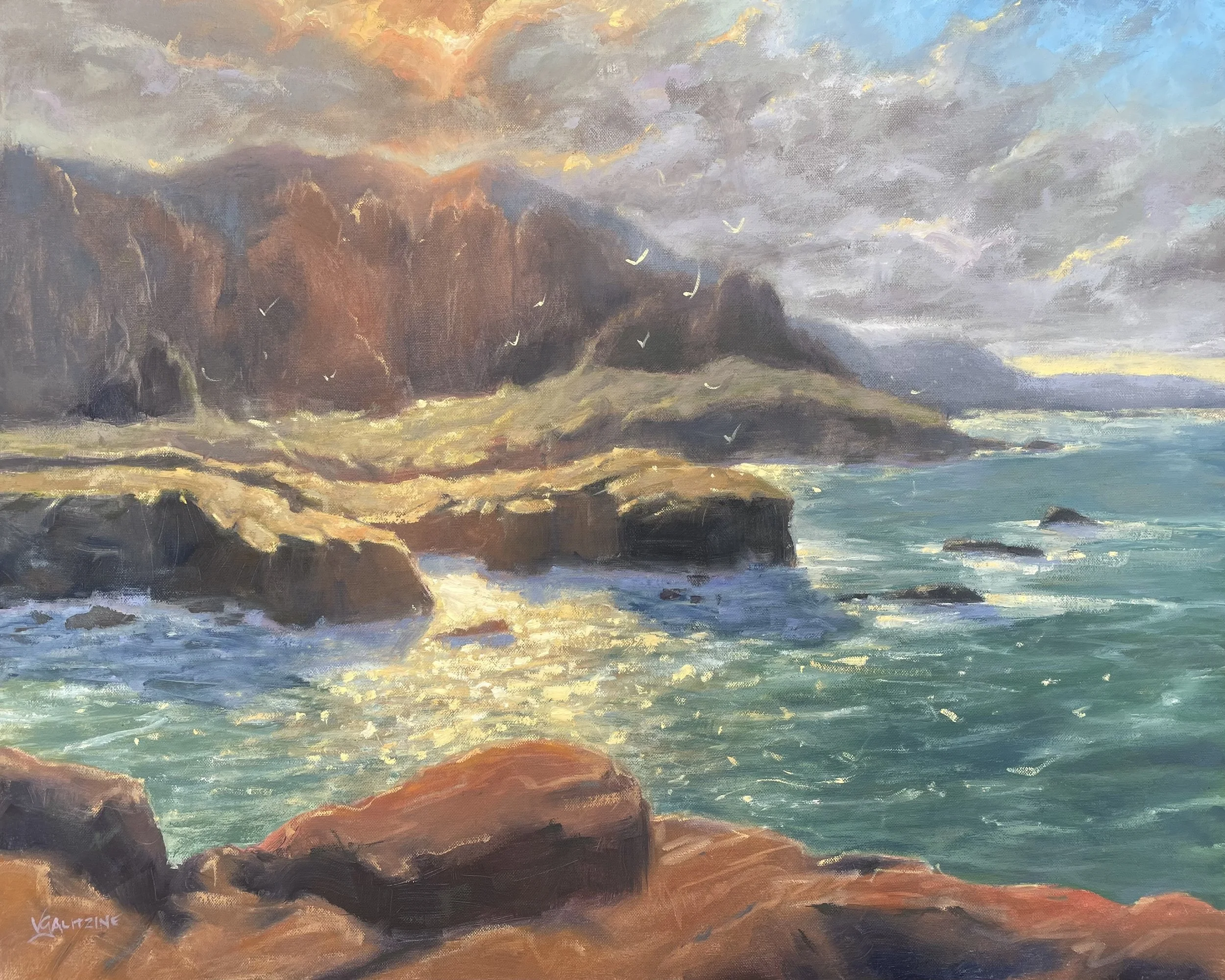 A painted seascape with glowing sun on water and rocks